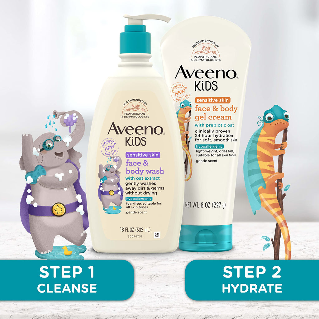 Aveeno Sensitive Skin Face & Body Gel Cream for Kids with Prebiotic Oat, Clinically Proven 24 Hour Hydration for Soft Skin