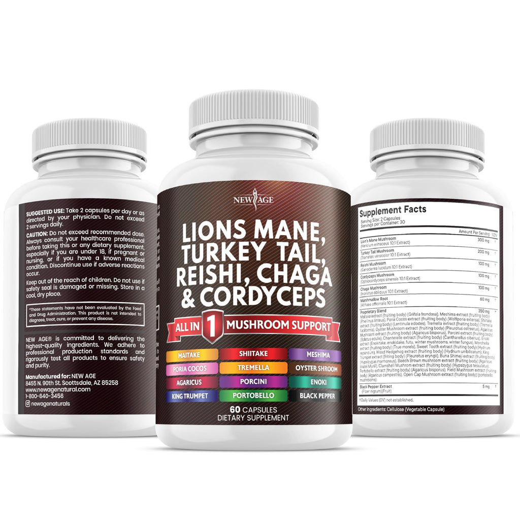 NEW AGE Lions Mane Mushroom Supplement with Turkey Tail Reishi Cordyceps Chaga with Marshmallow Root - 120 Count