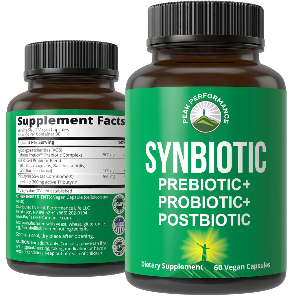 Synbiotic = Prebiotic + Probiotic + Postbiotic 3-in-1 Supplement with Clinically Tested Ingredients. Pre and Probiotics Plus Important Tributyrin Postbiotics for Gut. Vegan Capsules for Women + Men Peak Performance Au supplements