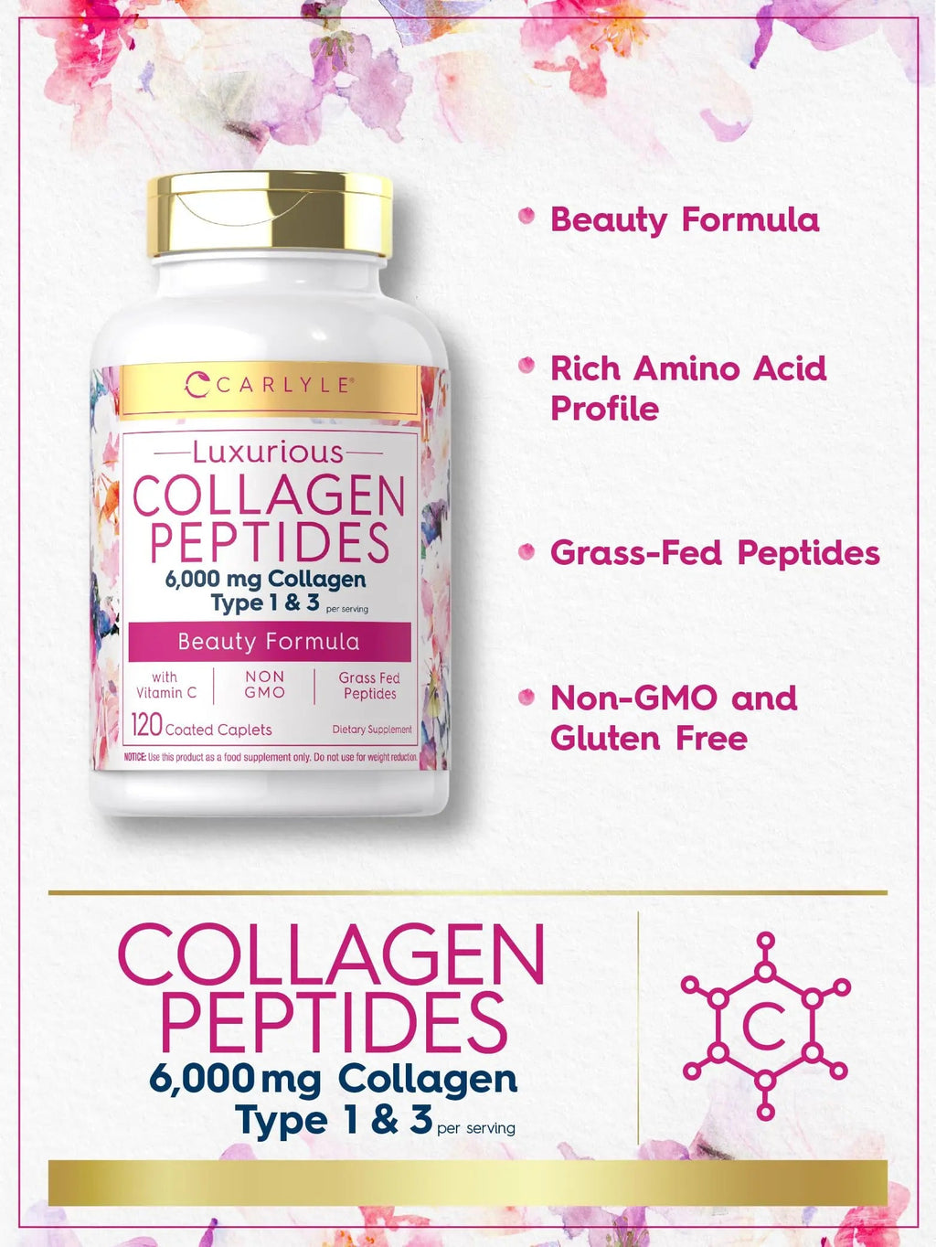 Carlyle Collagen with Vitamin C | 6000mg | 120 Caplets | Multi Collagen Peptide Pills Carlyle Au supplements