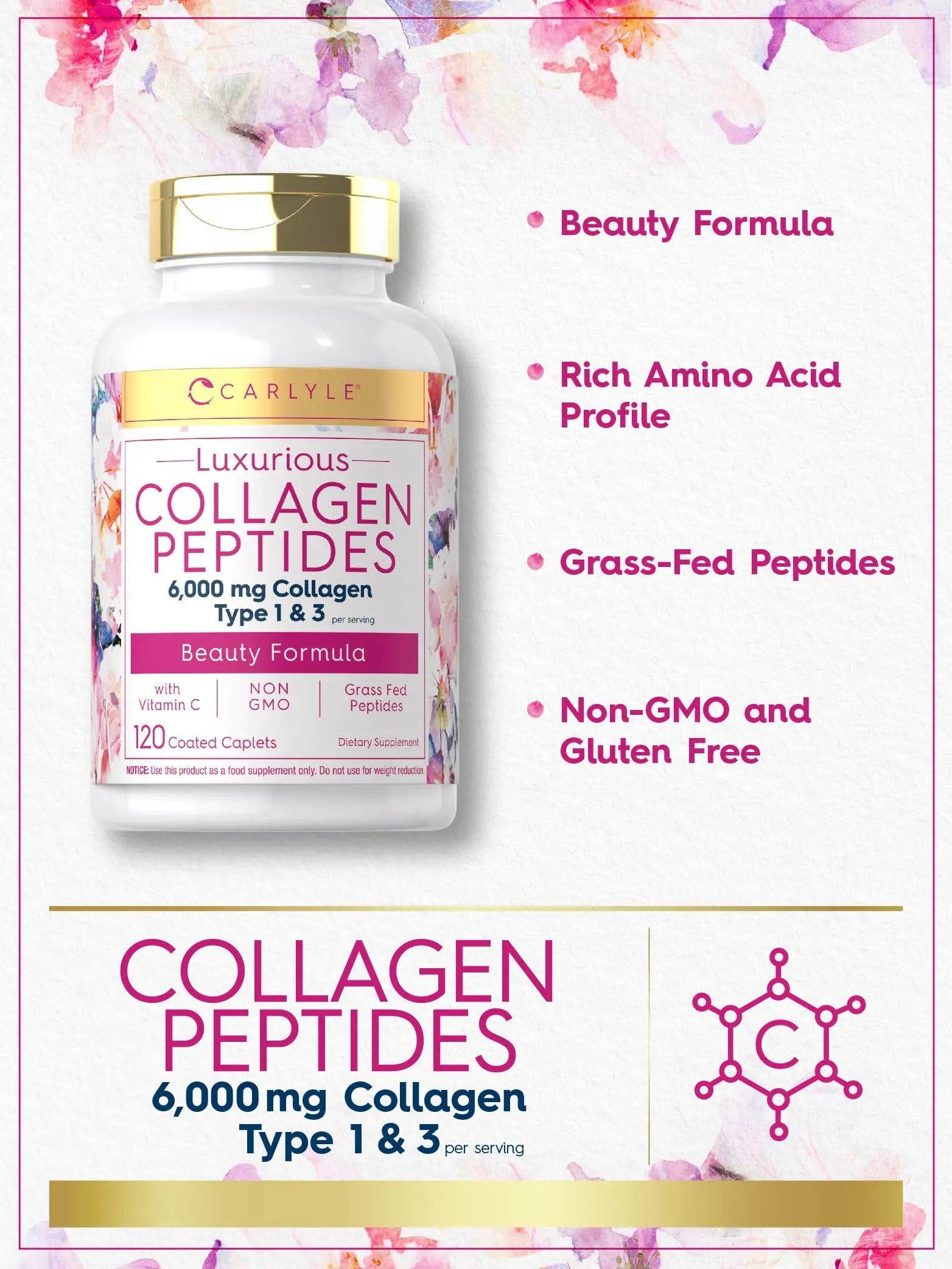 Carlyle Collagen with Vitamin C | 6000mg | 120 Caplets | Multi Collagen Peptide Pills Carlyle Au supplements
