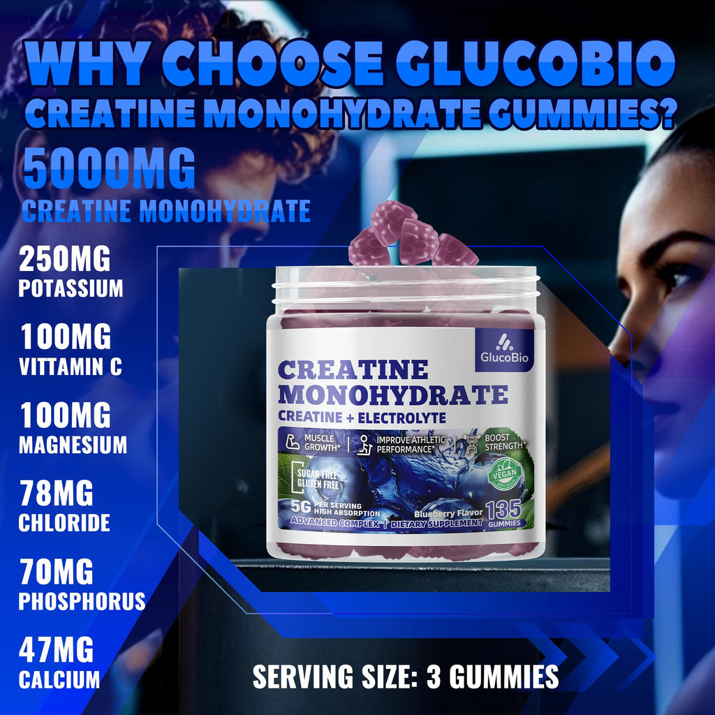 GlucoBio Creatine Monohydrate Gummies (5g) – Pre-Workout Energy & Muscle Growth Support for Men & Women