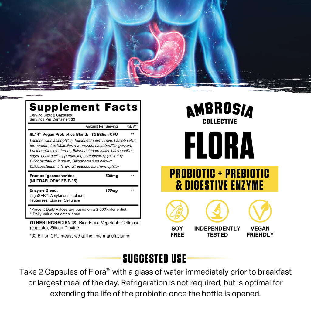 Ambrosia Flora Digestive Enzymes with Probiotics & Prebiotics | 32 Billion CFU Gut Health Supplement | Plant Based, Vegan Probiotic | 60 Veggie Capsules (30 Servings)