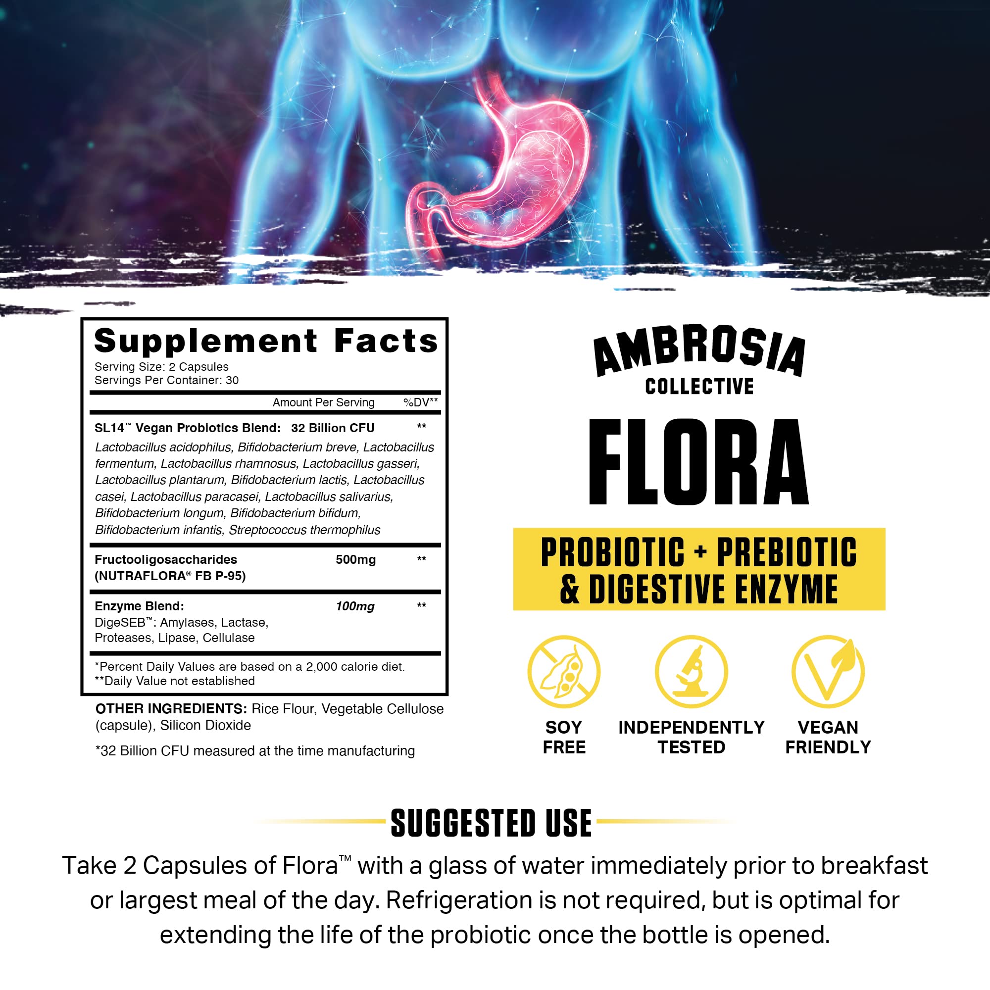 Ambrosia Flora Digestive Enzymes with Probiotics & Prebiotics | 32 Billion CFU Gut Health Supplement | Plant Based, Vegan Probiotic | 60 Veggie Capsules (30 Servings)