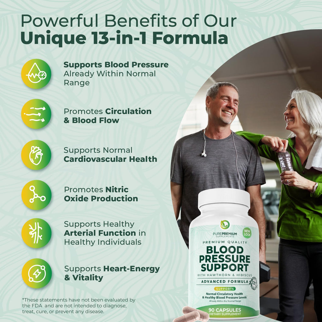 PurePremium Blood Pressure Supplements with Hawthorn Berry, Hibiscus, Garlic & Vitamin B12- Nitric Oxide Supplement for Normal Heart Health