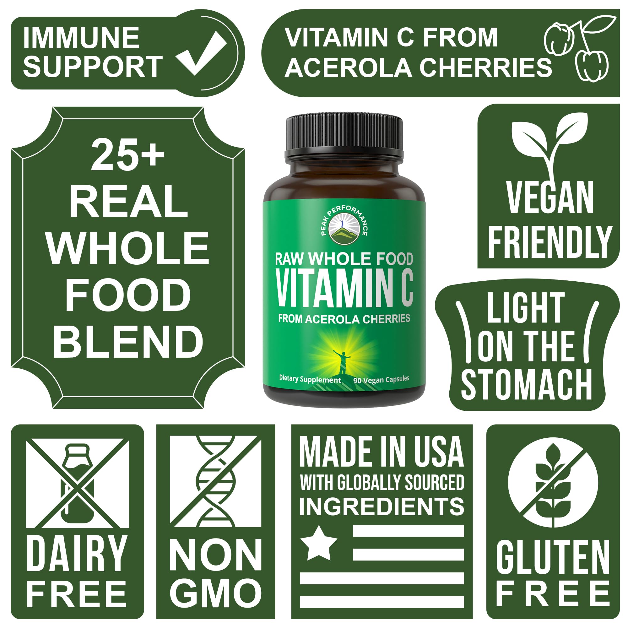 Peak Performance Raw Whole Food Natural Vitamin C Capsules from Acerola Cherry for Max Absorption. Vegan USA Sourced Vitamin C Supplement 90 Pills. 500 mg Serving or 2 Servings 1000mg Peak Performance Au supplements
