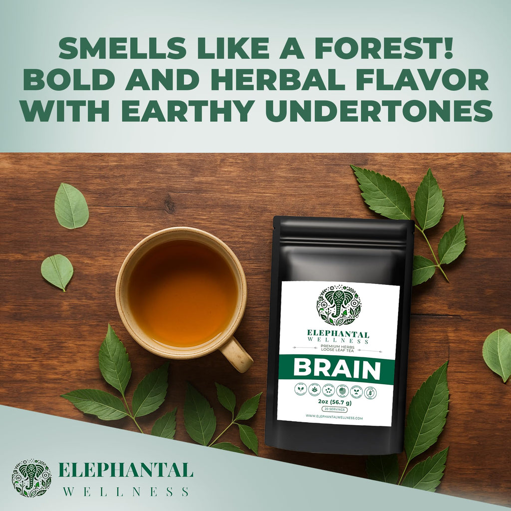 Elephantal Wellness Premium Brain Herbal Tea | Nootropic Focus & Mental Clarity with Ginkgo, Bacopa, Gotu Kola & Rosemary | Non-GMO, Caffeine-Free Coffee Alternative, Handmade Loose Leaf Blend, 2oz Loose Leaf, 20 Servings Elephantal Wellness Au supplements