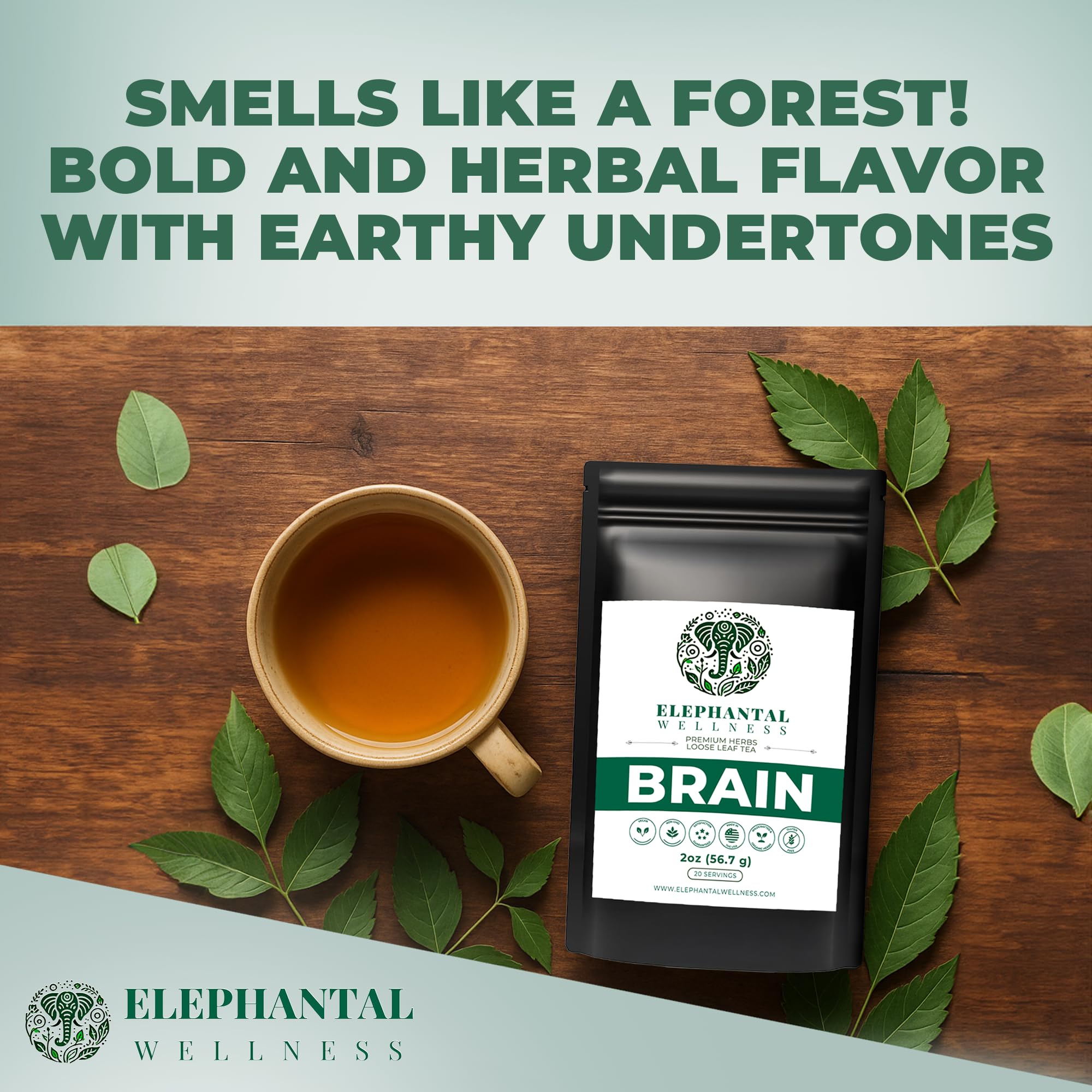 Elephantal Wellness Premium Brain Herbal Tea | Nootropic Focus & Mental Clarity with Ginkgo, Bacopa, Gotu Kola & Rosemary | Non-GMO, Caffeine-Free Coffee Alternative, Handmade Loose Leaf Blend, 2oz Loose Leaf, 20 Servings Elephantal Wellness Au supplements