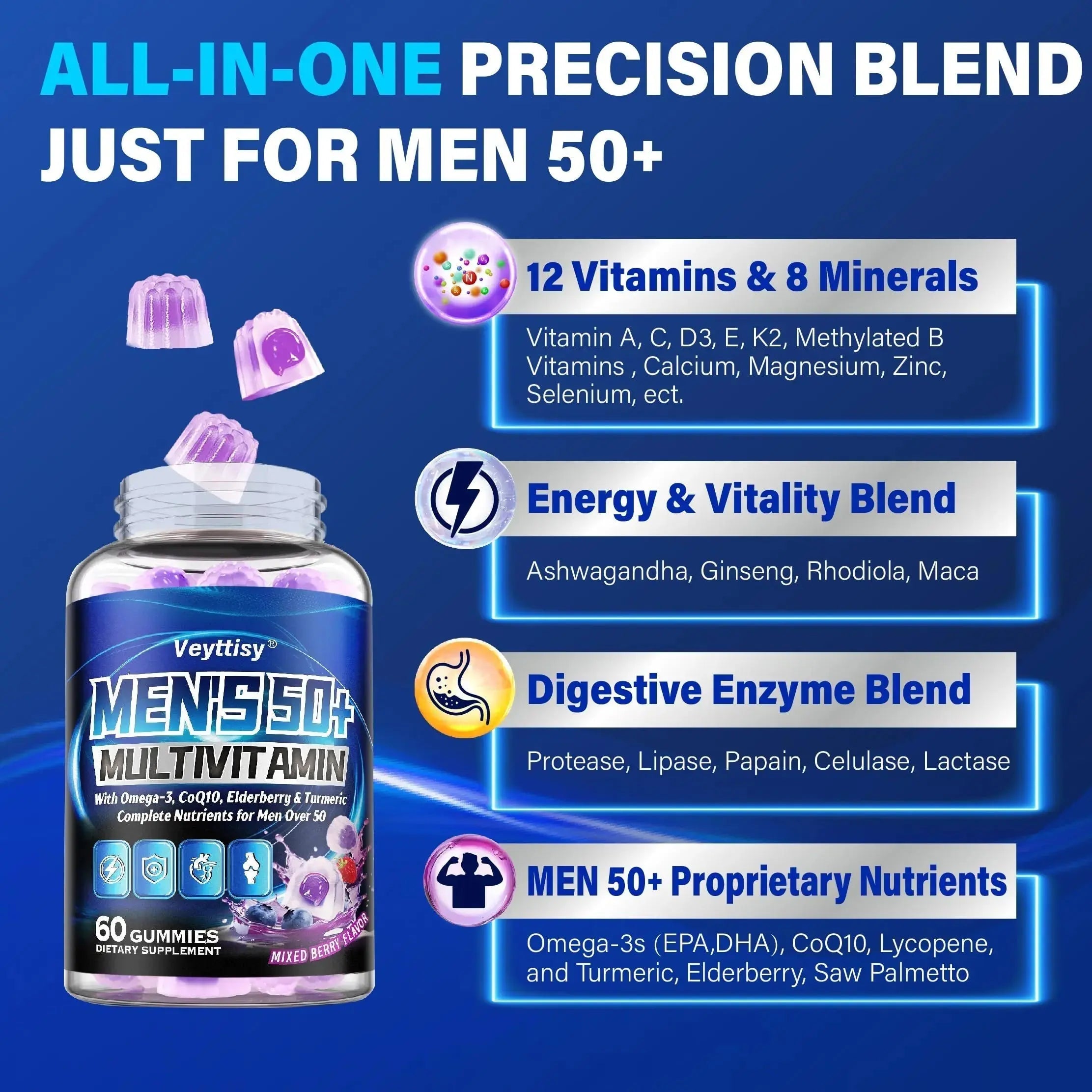 Sugar Free Multivitamin Gummies for Men 50 Plus - Methylated Multivitamin with Omega-3, CoQ10, Elderberry & Turmeric Veyttisy Au supplements