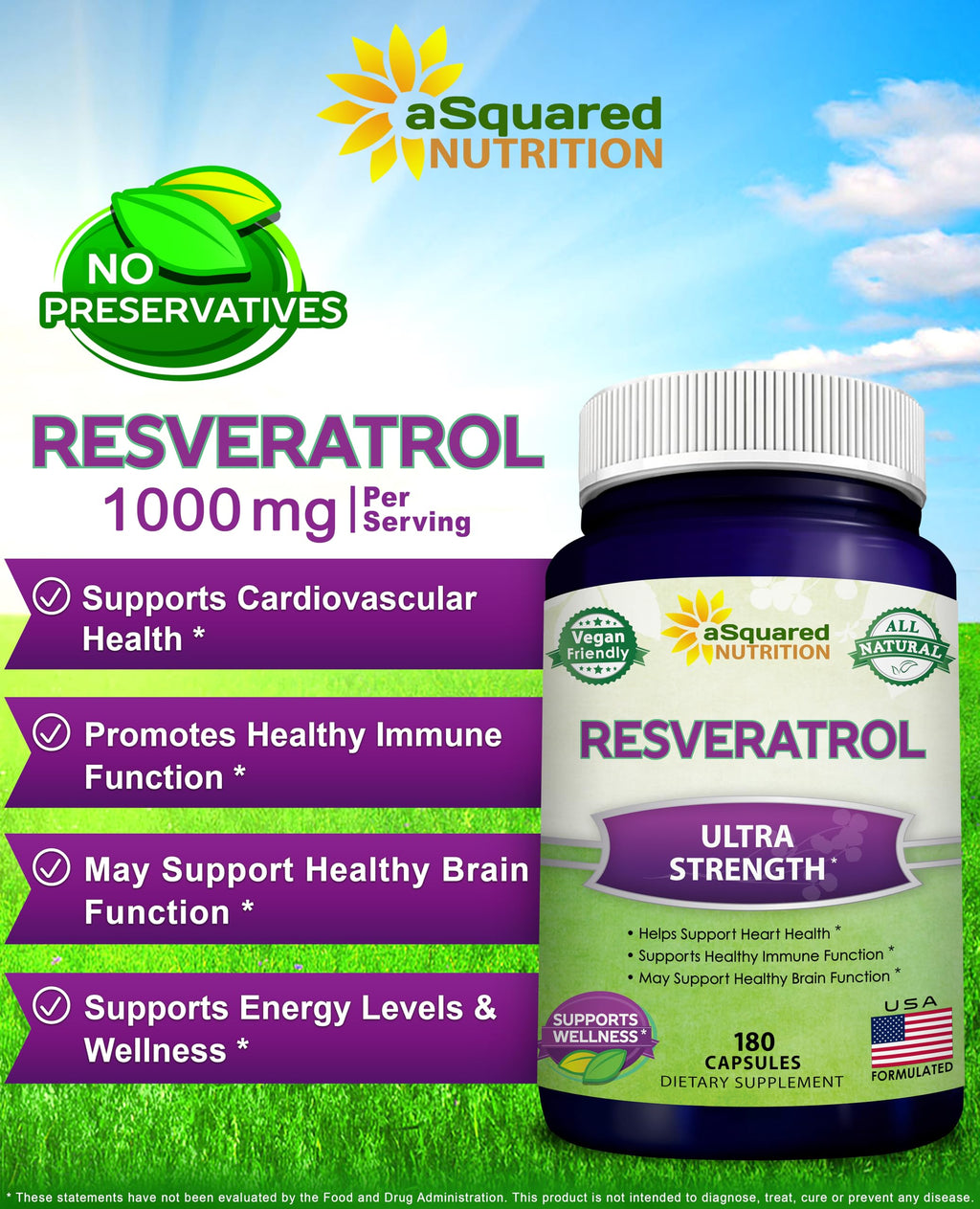 100% Natural Resveratrol - 1000mg Per Serving Max Strength (180 Capsules) Antioxidant Supplement, Trans-Resveratrol Pills