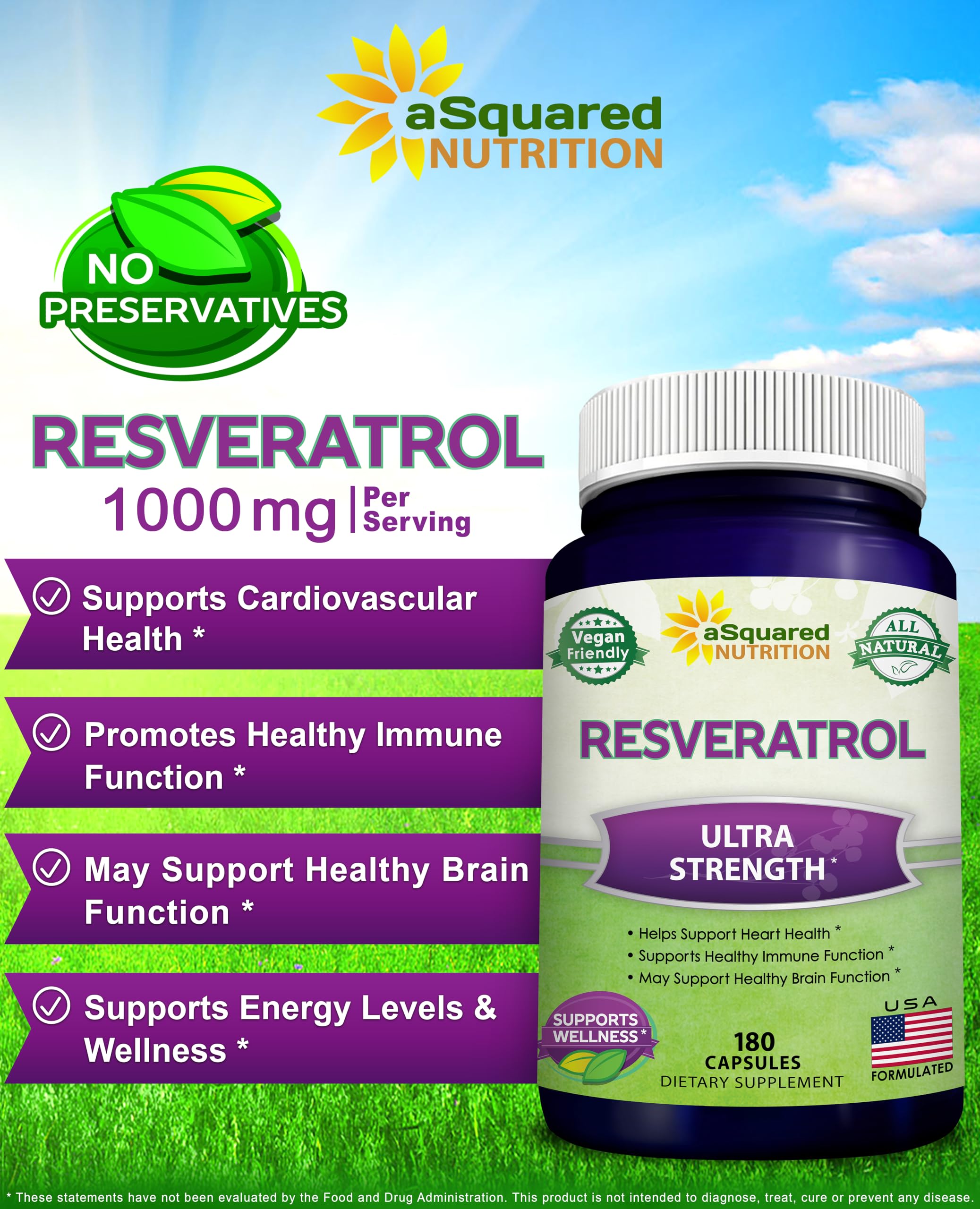 100% Natural Resveratrol - 1000mg Per Serving Max Strength (180 Capsules) Antioxidant Supplement, Trans-Resveratrol Pills