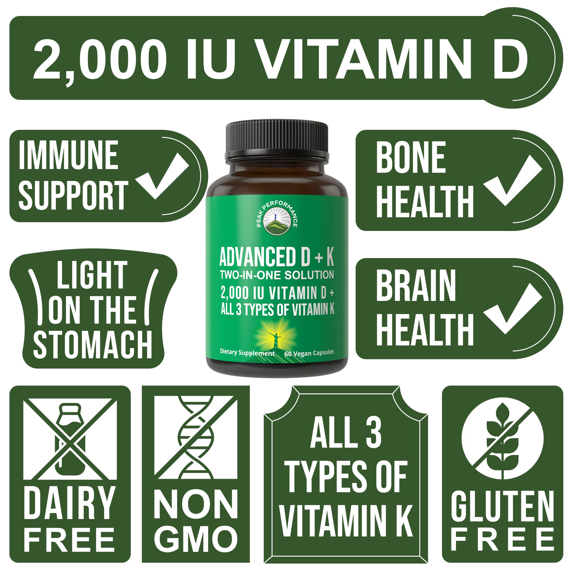 Peak Performance Advanced Vitamin D 2000 IU with All 3 Types of Vitamin K Vitamin D3 and Vitamin K2, K1, MK-7 (MK7), MK4 Supplements - 60 Small and Easy to Swallow Vegetable Pills Peak Performance Au supplements