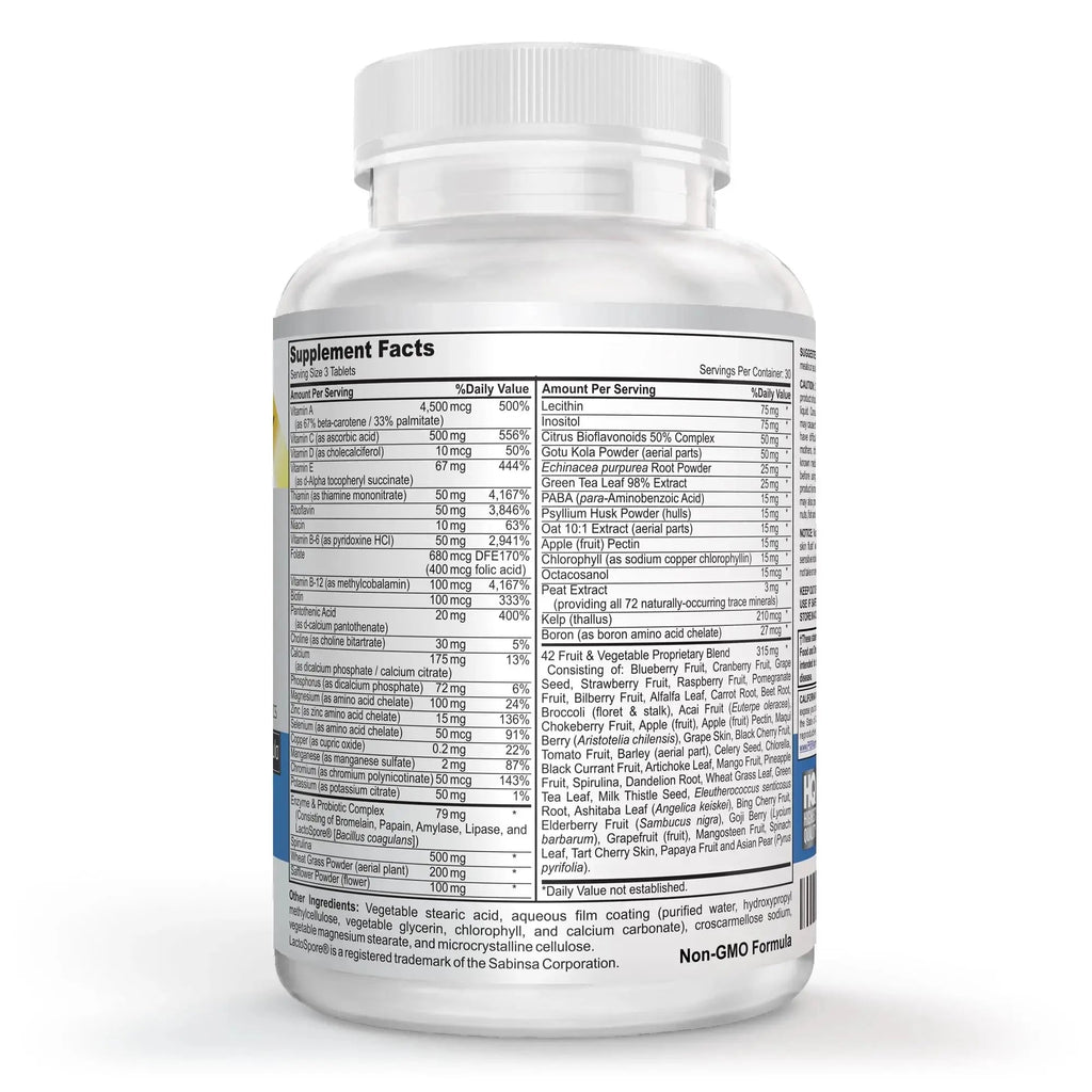 Vegan Whole Food Multivitamin & Mineral - Vitamins A B1 B2 B6 B12 C D3 E & 110 Super Foods, Herbs, Greens & Reds Vitalité Now! Au supplements