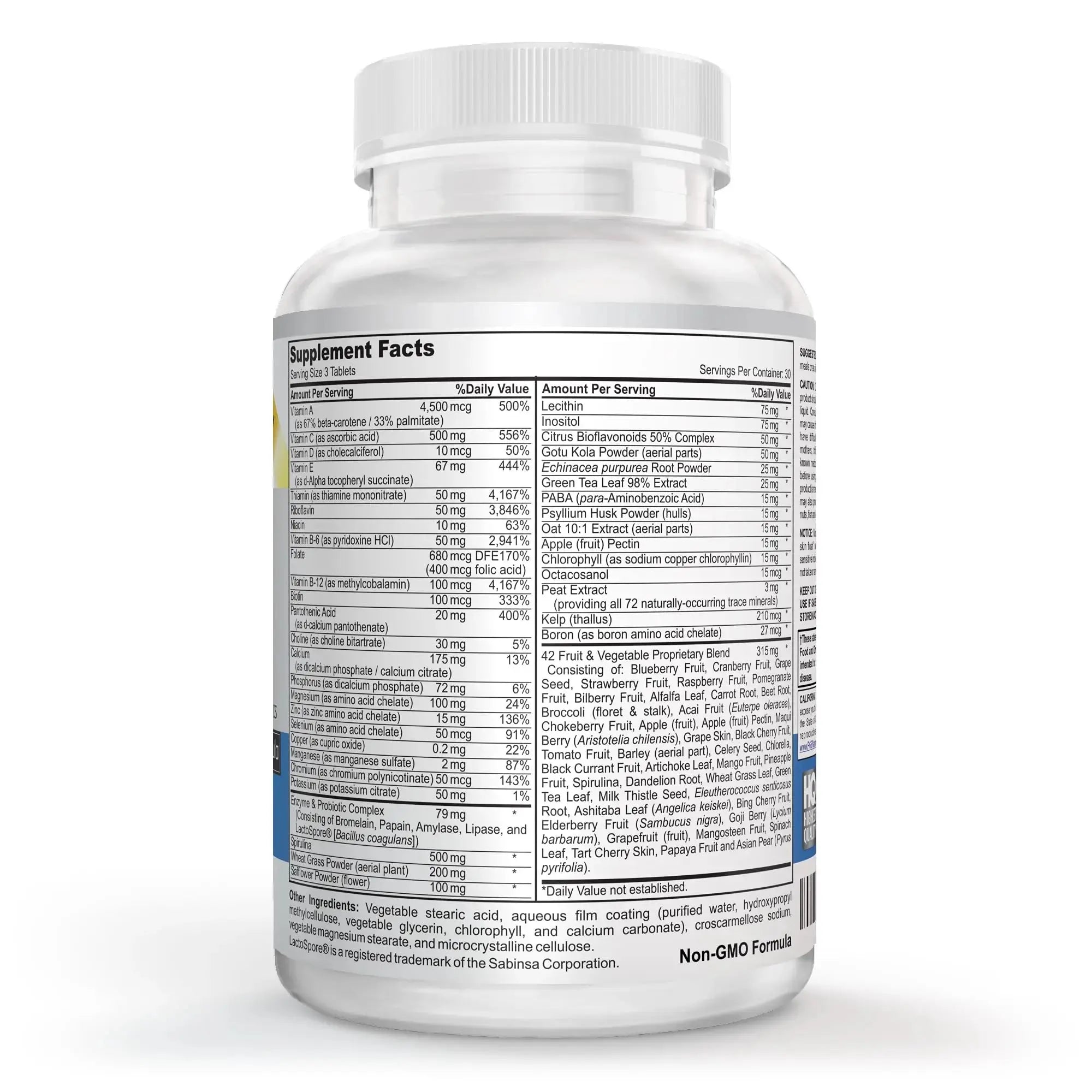 Vegan Whole Food Multivitamin & Mineral - Vitamins A B1 B2 B6 B12 C D3 E & 110 Super Foods, Herbs, Greens & Reds Vitalité Now! Au supplements