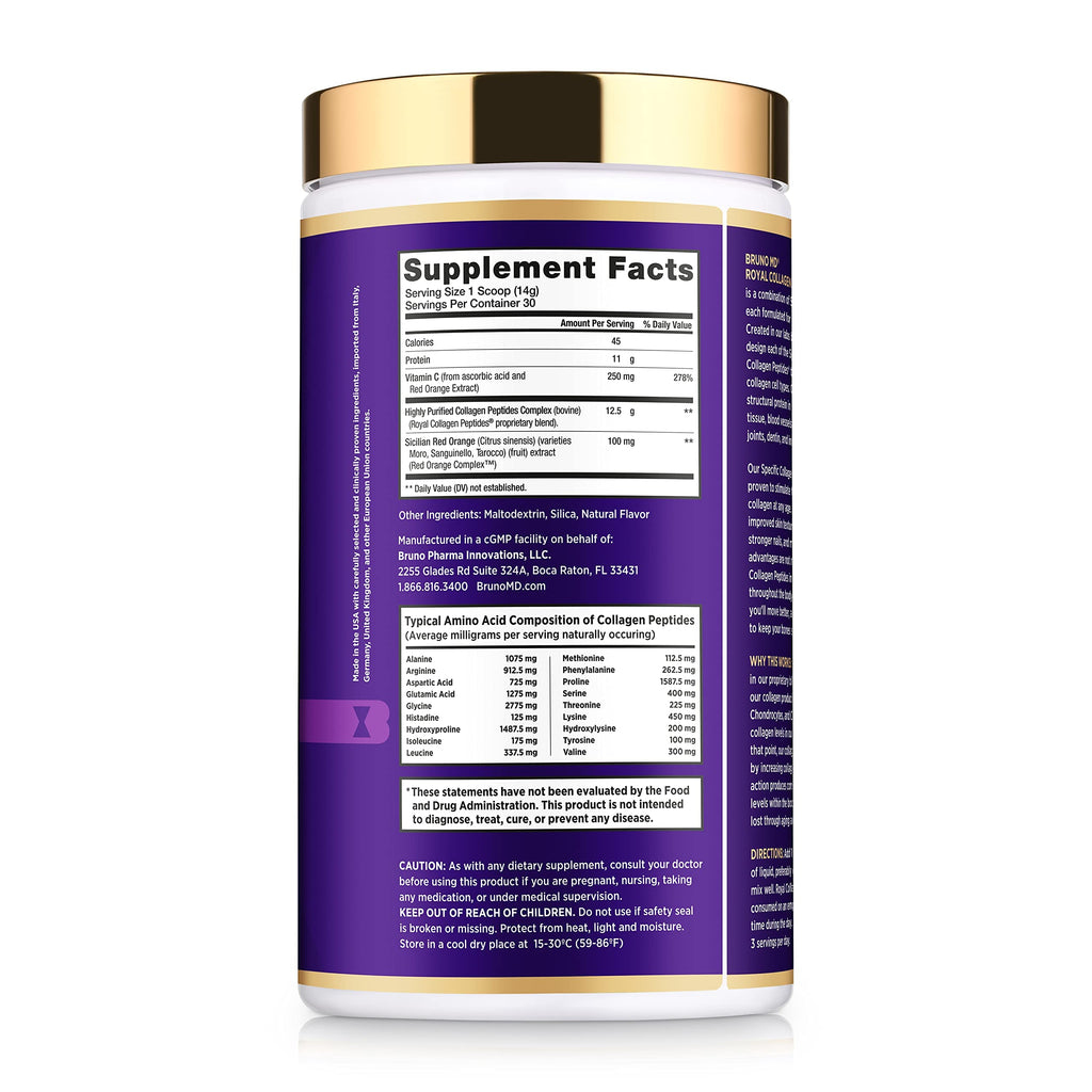 Bruno MD Royal Collagen Peptides, Clinically proven, Dietary Supplement, Improves Skin & Cellulite, European Sourced, Improves the Look of Hair & Nails, Blended with Vitamin C, Bone & Joint Supplement BRUNO MD Au supplements