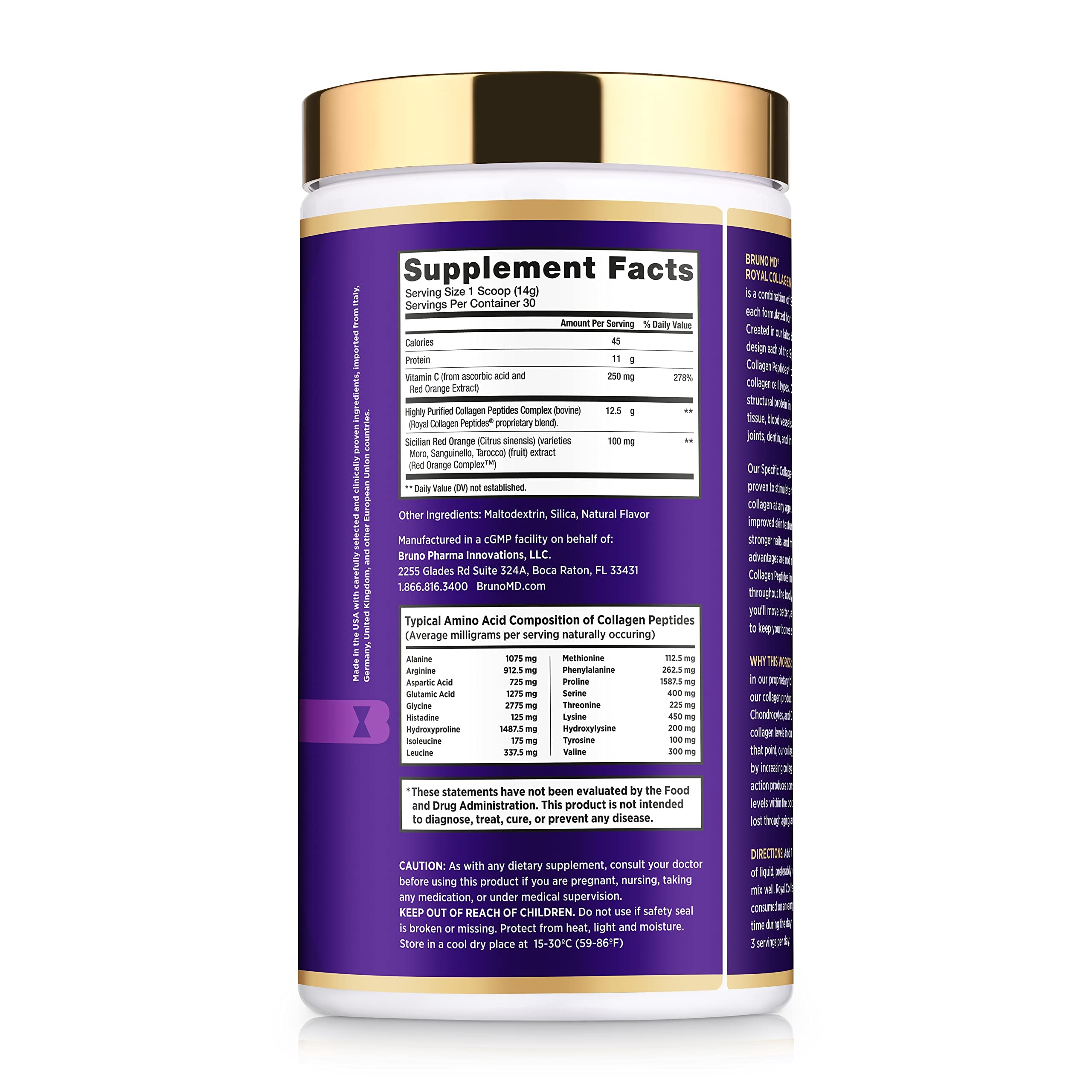 Bruno MD Royal Collagen Peptides, Clinically proven, Dietary Supplement, Improves Skin & Cellulite, European Sourced, Improves the Look of Hair & Nails, Blended with Vitamin C, Bone & Joint Supplement BRUNO MD Au supplements