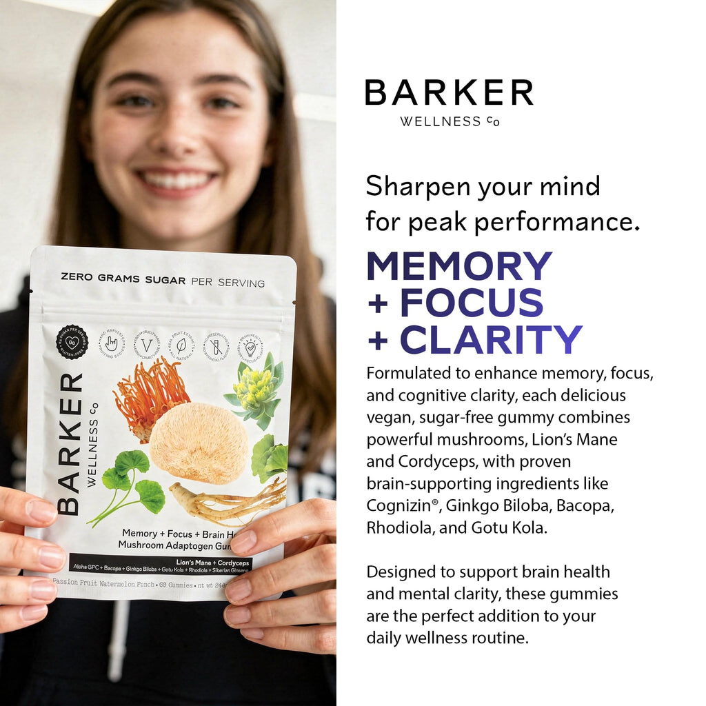 Barker Wellness Mushroom Adaptogen Gummies for Memory & Focus, Brain Health Supplement with Lion's Mane, Cordyceps, Cognizin, Vegan, Sugar-Free Passion Fruit Watermelon Flavor- 60 Count