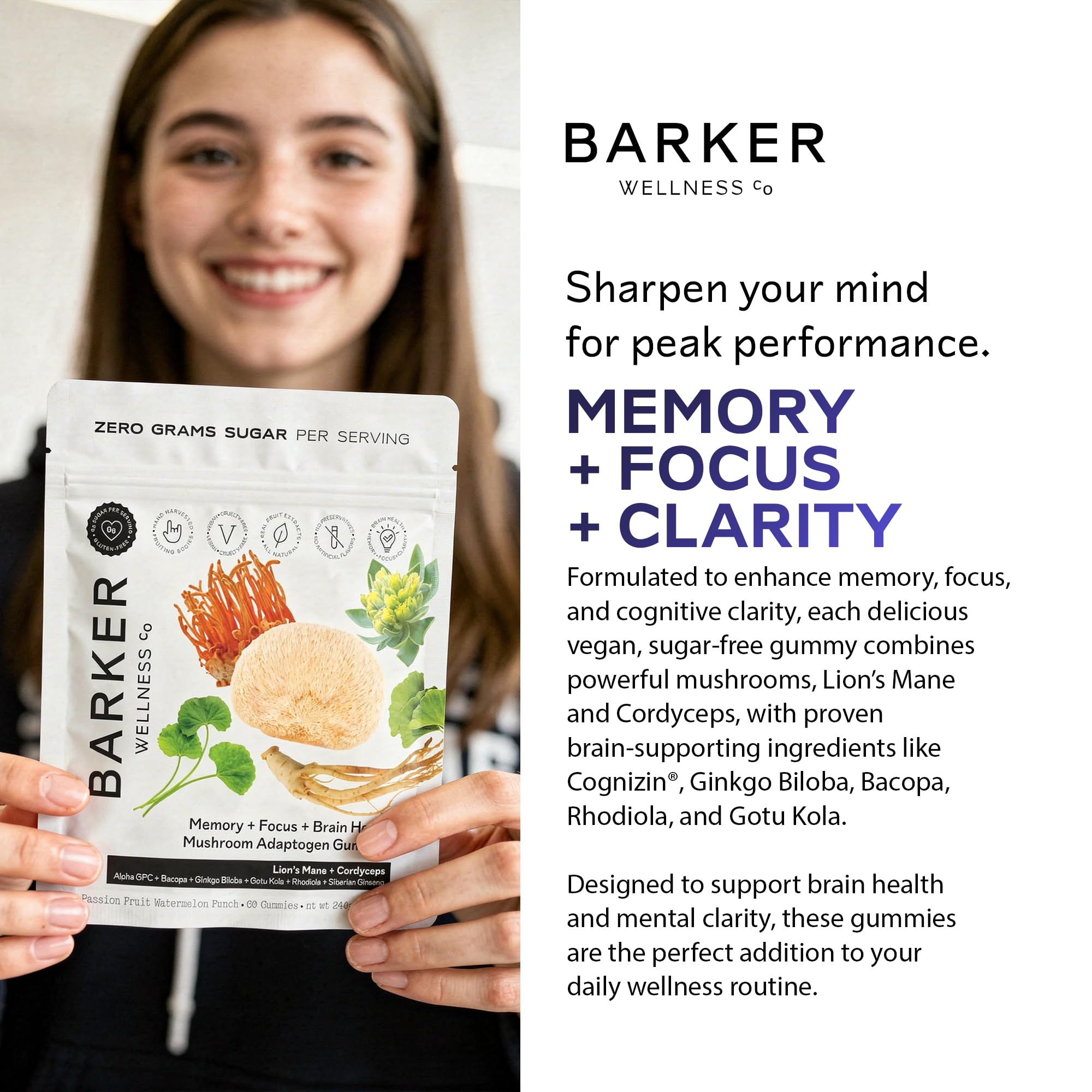 Barker Wellness Mushroom Adaptogen Gummies for Memory & Focus, Brain Health Supplement with Lion's Mane, Cordyceps, Cognizin, Vegan, Sugar-Free Passion Fruit Watermelon Flavor- 60 Count