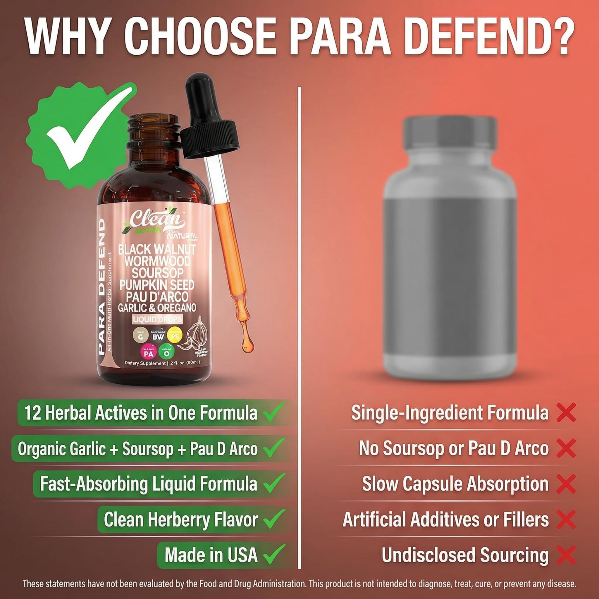 para Defend Wormwood Black Walnut Cleanse for Humans Drops Liquid Soursop Garlic Pumpkin Seed PAU D'Arco Oil of Oregano Turmeric