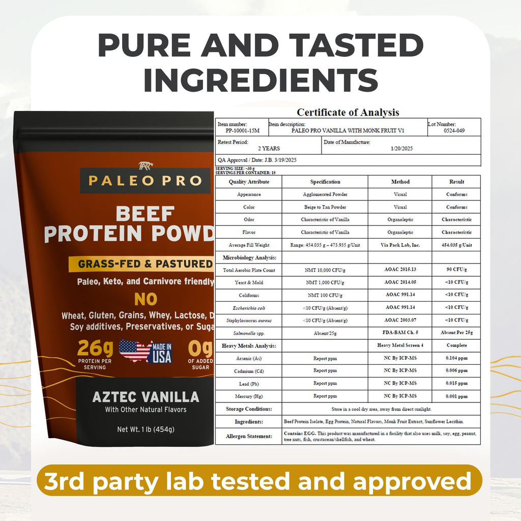 Paleo Pro 26G Beef Protein Powder - Grass Fed Protein Powder Isolate - Pure Animal Based Pastured & Cage-Free | Dairy & Gluten Free, Natural & Clean Proteins for Paleo & Keto - 15 Days Supply Vanilla