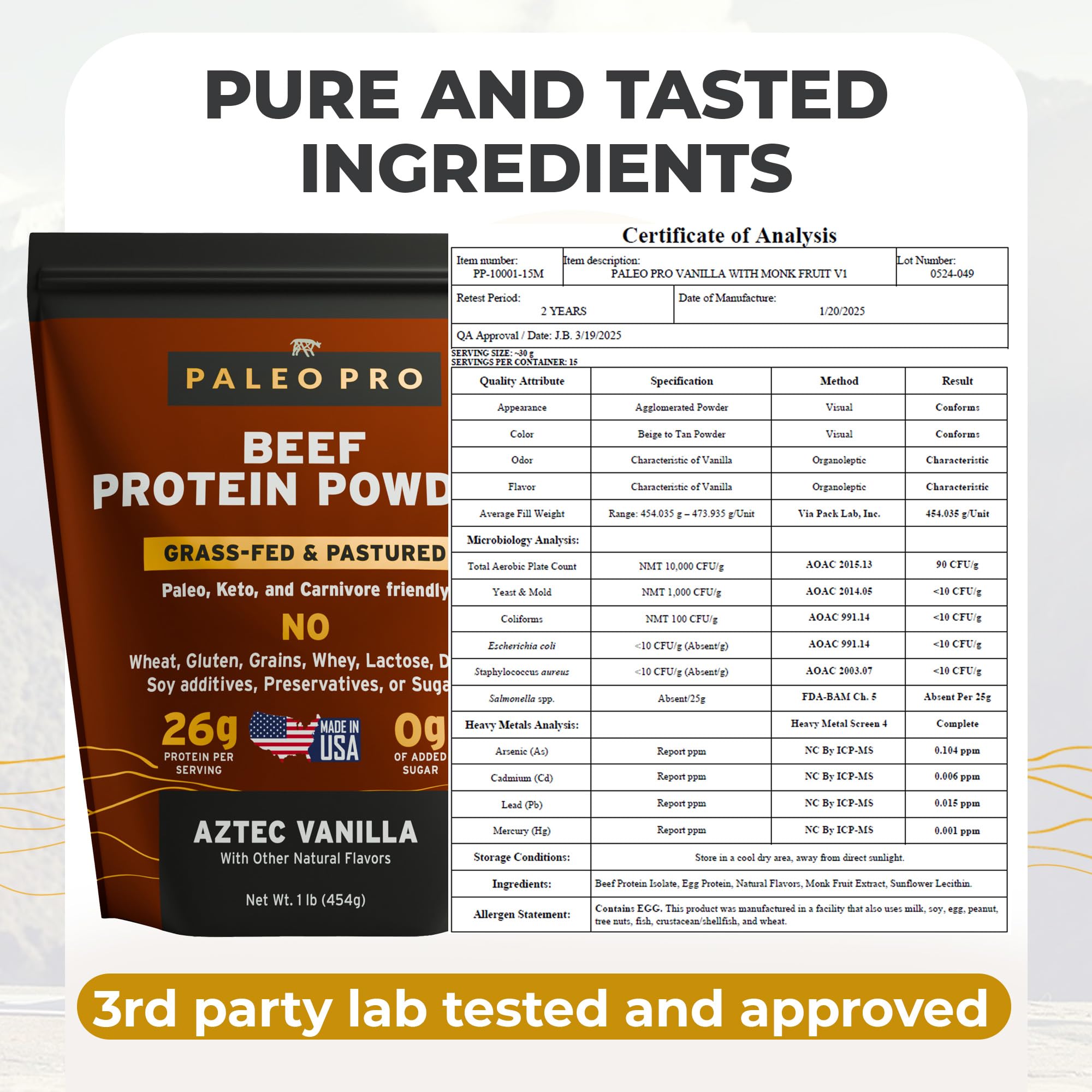 Paleo Pro 26G Beef Protein Powder - Grass Fed Protein Powder Isolate - Pure Animal Based Pastured & Cage-Free | Dairy & Gluten Free, Natural & Clean Proteins for Paleo & Keto - 15 Days Supply Vanilla