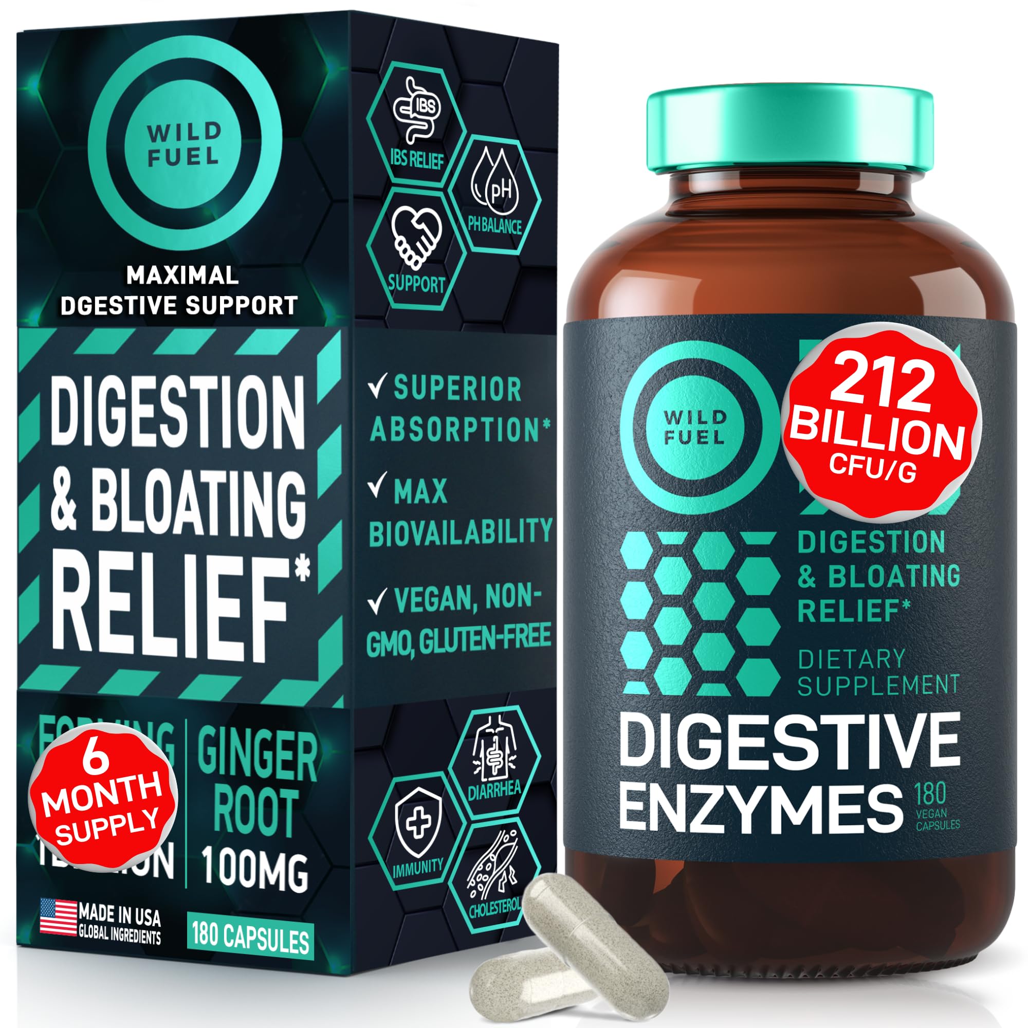 Digestive Enzymes for Women and Men with Probiotics and Prebiotics - Vegan Digestive Enzyme Blend - Bloating Support, Gut Health & Digestion Supplement with Artichoke Ginger Turmeric - 180 Capsules WILD FUEL Au supplements