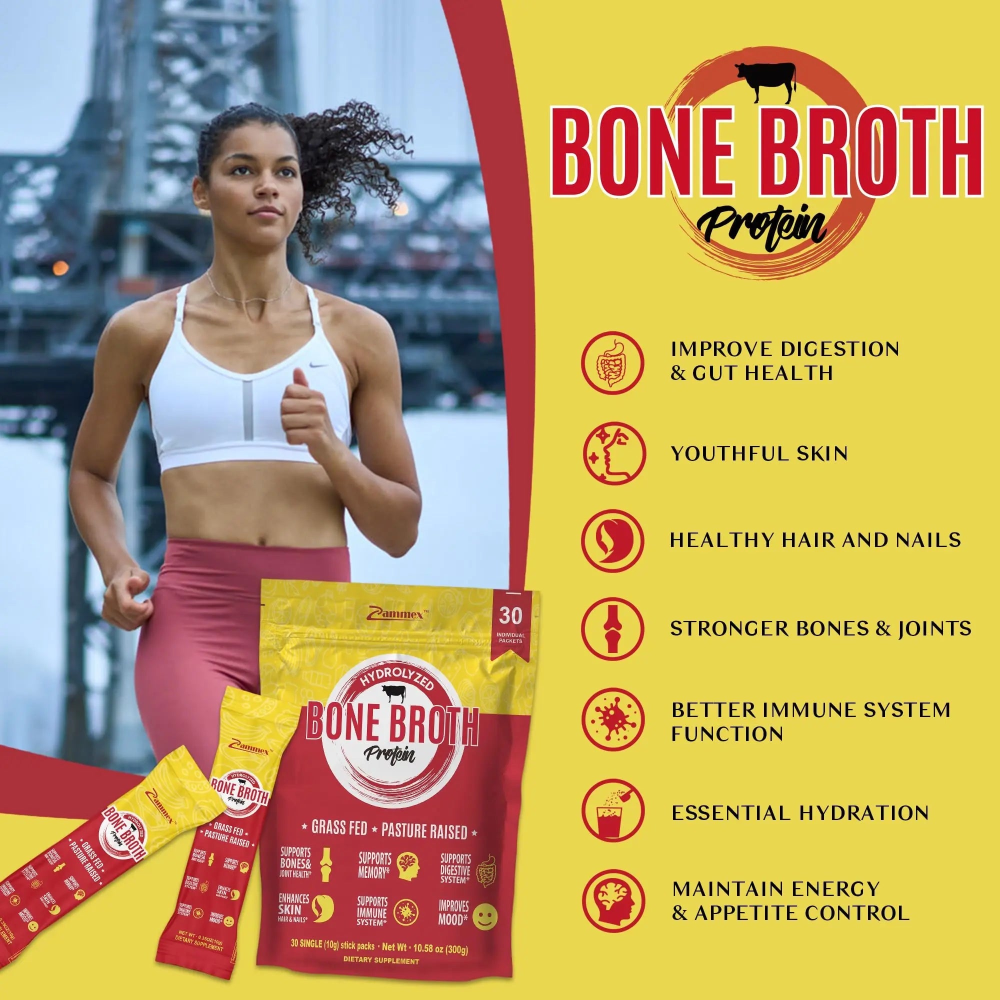 Zammex Bone Broth Packets-20g Collagen Protein-Beef Bone Broth Powder to Go-30 Travel Zammex Au supplements