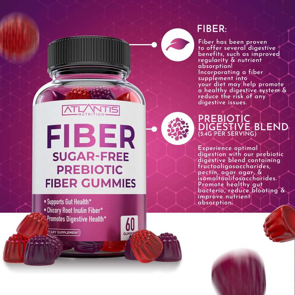 Atlantis Nutrition Sugar Free Fiber Gummies for Adults - 5G Fiber Supplement Formulated with 5.4G Prebiotic Digestive Blend/Serving - Supports Gut Health & Healthy Digestion