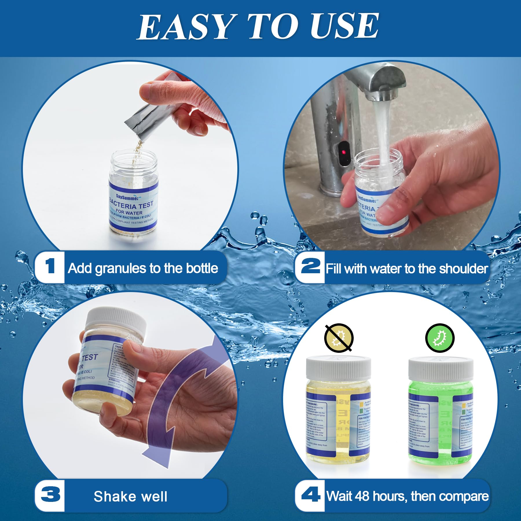 Drinking Water Bacteria Test Kit: 4 Tests Detecting Coliform E coli Bacteria - at Home Well Water Testing Kits for Drinking Water Pool Hot Tub Aquarium and More SaySummer Au supplements