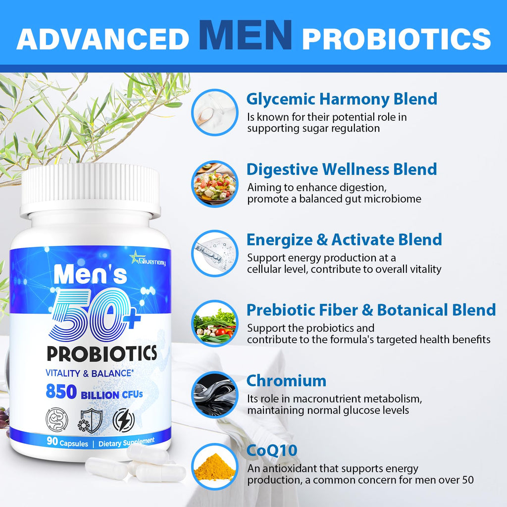 Probiotics for Men, Advanced 50+ Mens Probiotic, Comprehensive Gut & Energy Support with 850 Billion CFU, 1800mg Prebiotics Fiber – Tailored Wellness mens probiotics