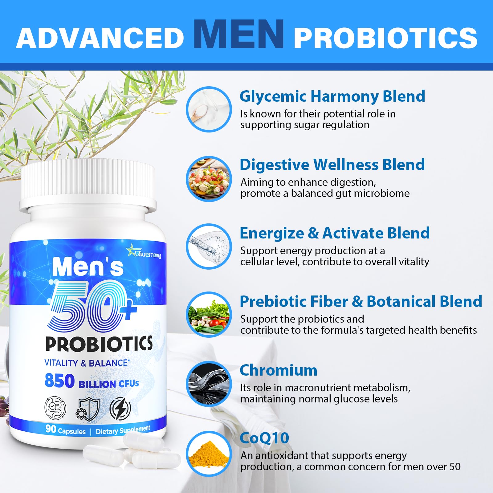 Probiotics for Men, Advanced 50+ Mens Probiotic, Comprehensive Gut & Energy Support with 850 Billion CFU, 1800mg Prebiotics Fiber – Tailored Wellness mens probiotics