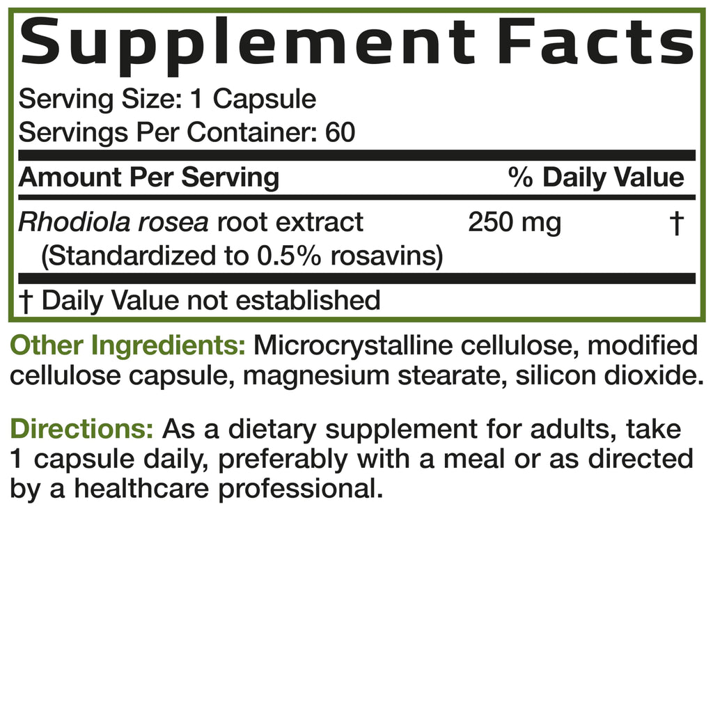 Bronson Rhodiola Rosea Vegetarian Capsules - Adaptogenic Herb - Brain, Stress & Mood Support - Non-GMO, 60 Count