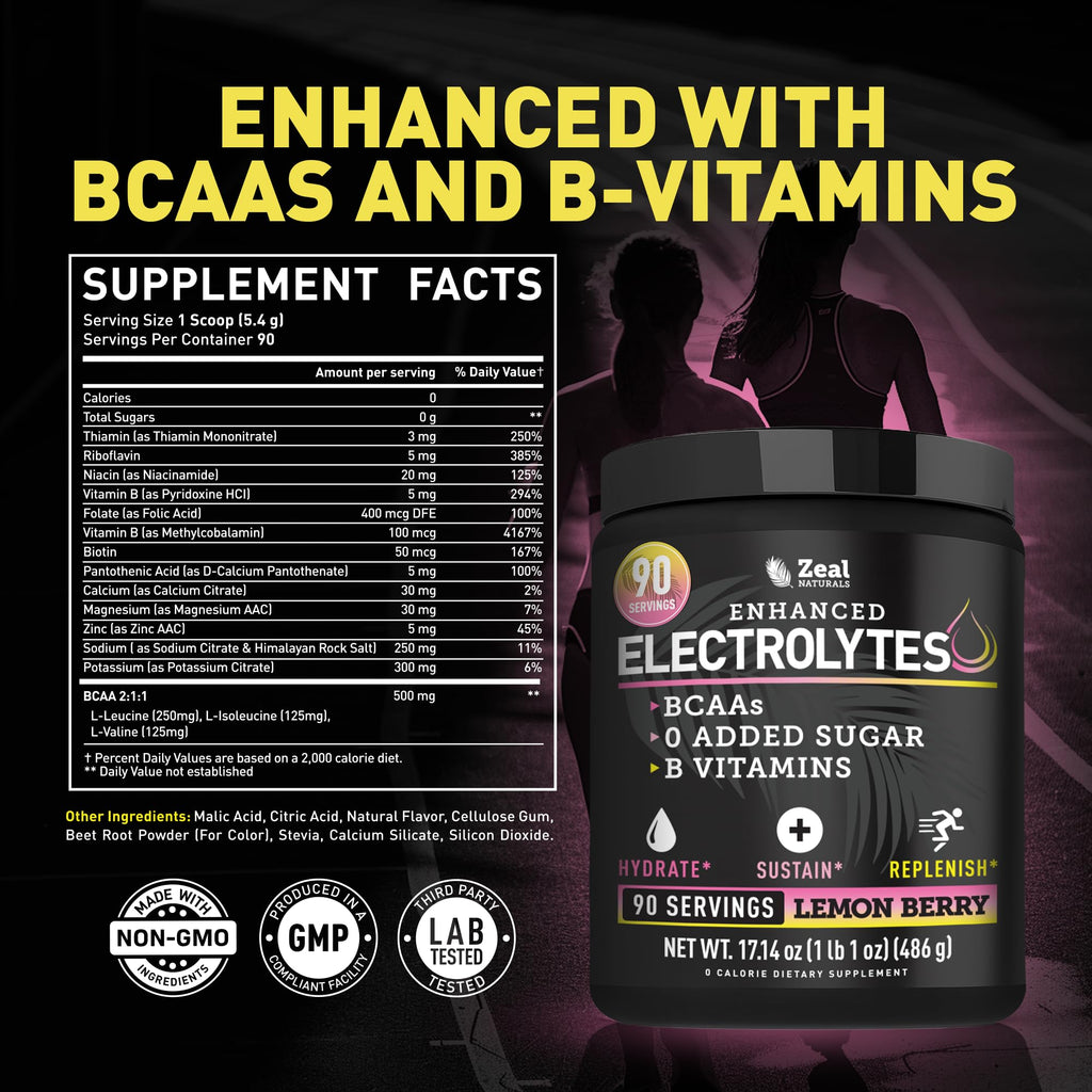 Zeal Electrolyte Powder - 90 Servings | Keto Electrolytes Powder | Zero Sugar, BCAAs, B-Vitamins | Potassium, Zinc, Magnesium