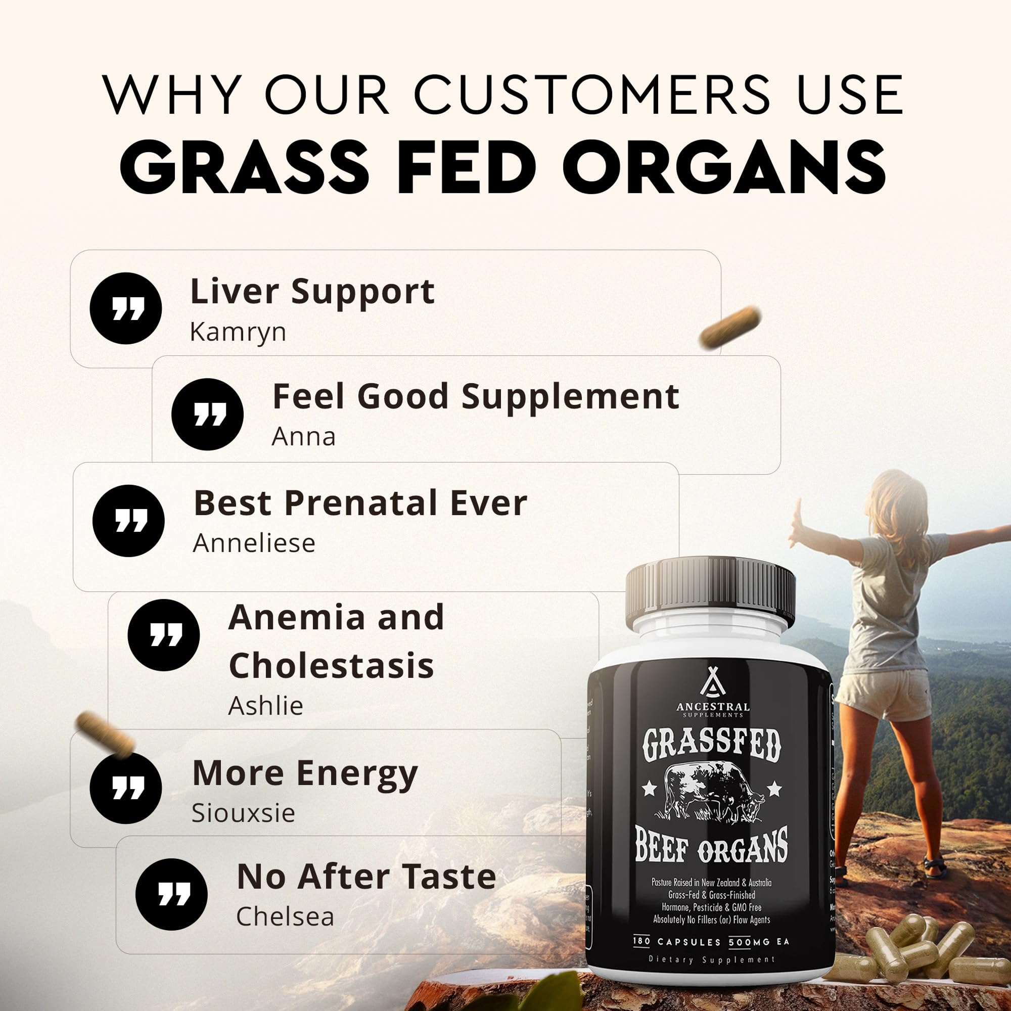 Ancestral Supplements Grass Fed Beef Organ Supplement, Supports Whole Body Wellness with Proprietary Blend of Liver, Heart, Kidney, Pancreas, Spleen, Freeze-Dried Beef, Non-GMO, 180 Capsules Ancestral Supplements Au supplements