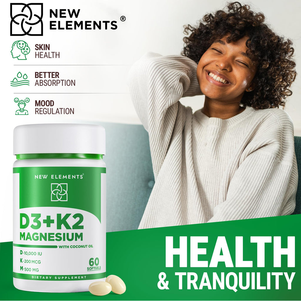 New Elements Vitamin D3 K2 10,000 IU with Magnesium Glycinate 500mg - Bone Health, Immune Support, Energy & Mood - Non-GMO, Gluten-Free