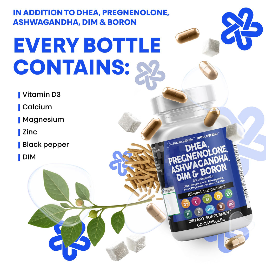 DHEA 200mg Supplement Pregnenolone 100mg for Men & Women with DIM Ashwagandha Boron 6mg Complex Calcium Magnesium Zinc 50mg Vitamin D3 5000 iu Hormone Support Capsules Pills - Made in USA 60 Ct Clean Nutraceuticals Au supplements