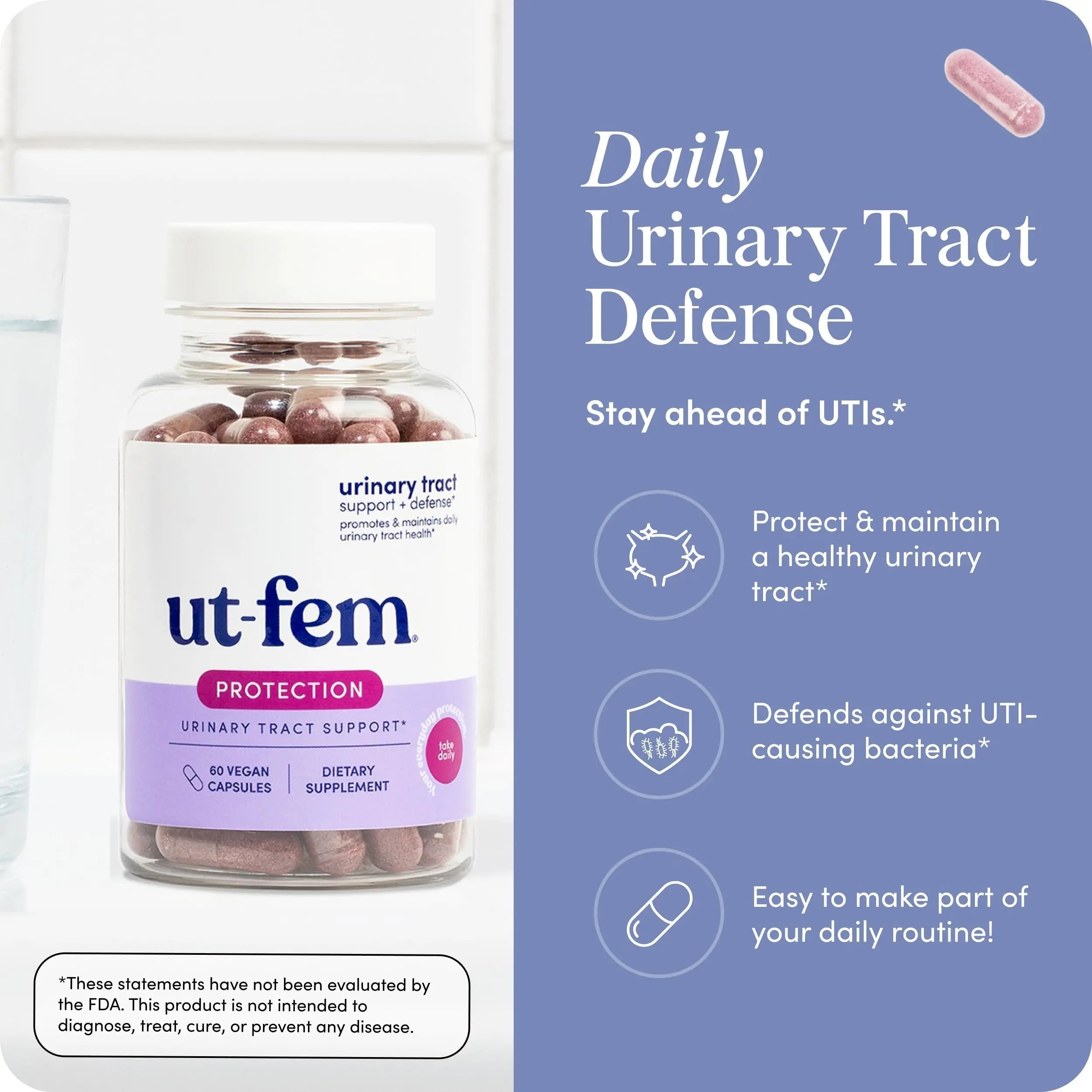 UT-Fem Protection - Urinary Tract Defense for Women, 3-in-1 Daily Defense Formula to Protect Urinary Tract Health, D-Mannose, Cranberry + Hibiscus, Natural Supplement - 60 Vegan Capsules UT-Fem Au supplements
