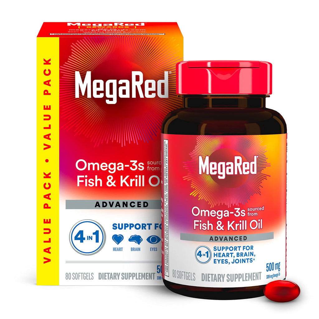 Megared Omega-3 Fish Oil + High Absorption Krill Oil 500mg Softgels, MegaRed Advanced 4in1 (80 count in a bottle) Concentrated Omega-3 Fish
