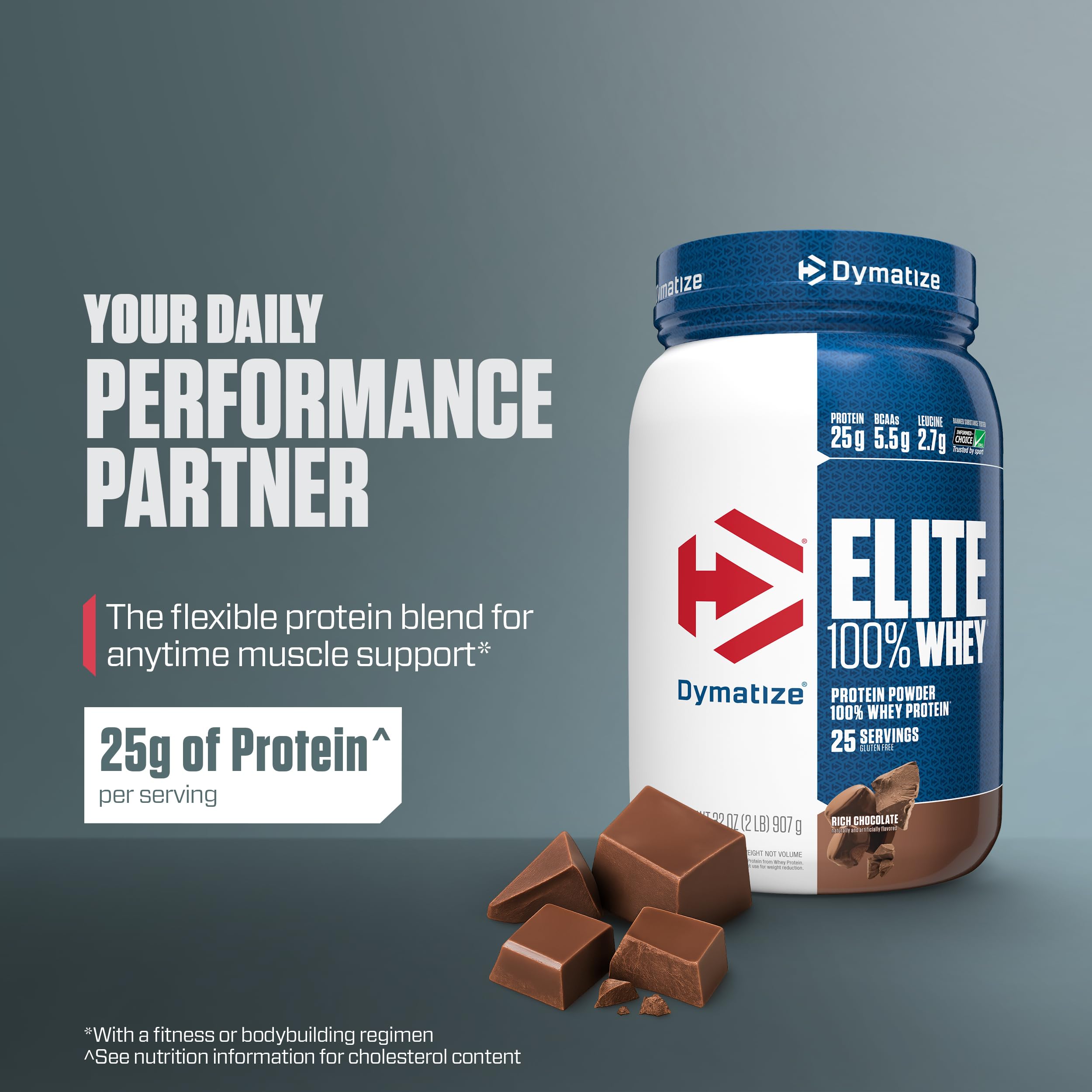 Dymatize Elite 100% Whey Protein Powder, Chocolate, 25g of Protein, 5.5g BCAAs, Less Than 140 Cal., Gluten Free, 3g Carb, 2g Sugar, 3g Fat (25 Servings)