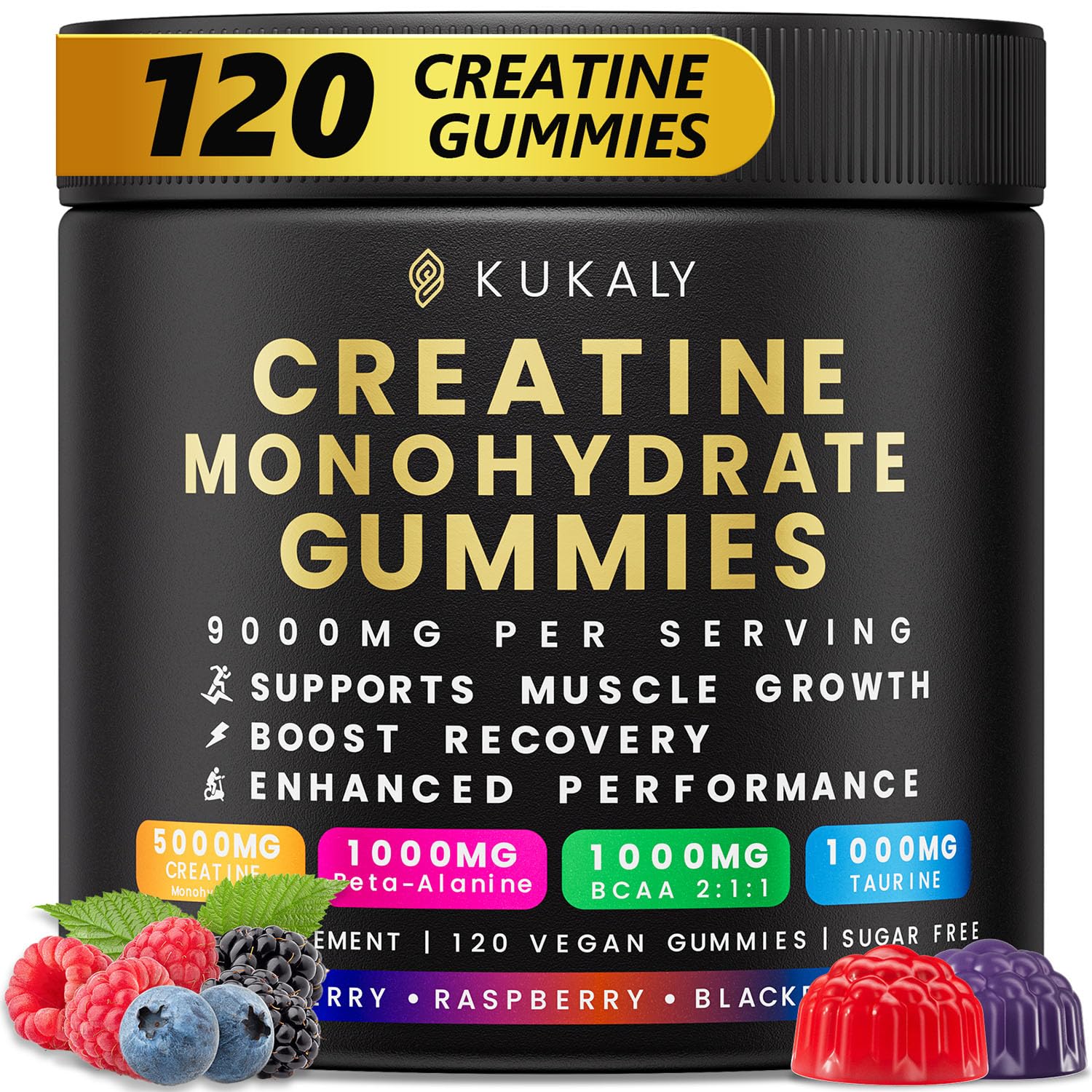 KUKALY Creatine Monohydrate Gummies for Men & Women, 9000MG Creatine Gummies Sugar Free - Mixed Flavored with L-Taurine, BCAA 2:1, B12 B6 for Boost Strength