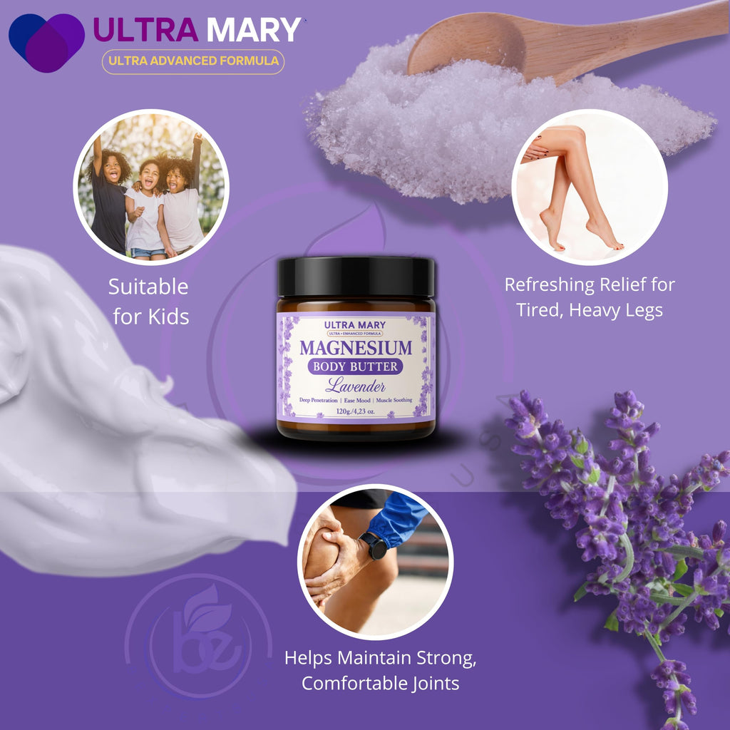 Nighttime Magnesium Cream for Pain, Nerve & Leg Cramps - Magnesium Body Butter for Sleep with Shea Butter, Jojoba Oil, Coconut Extract & Dandelion - Lavender Magnesium Lotion for Kids - 4.23oz ULTRA MARY Au supplements