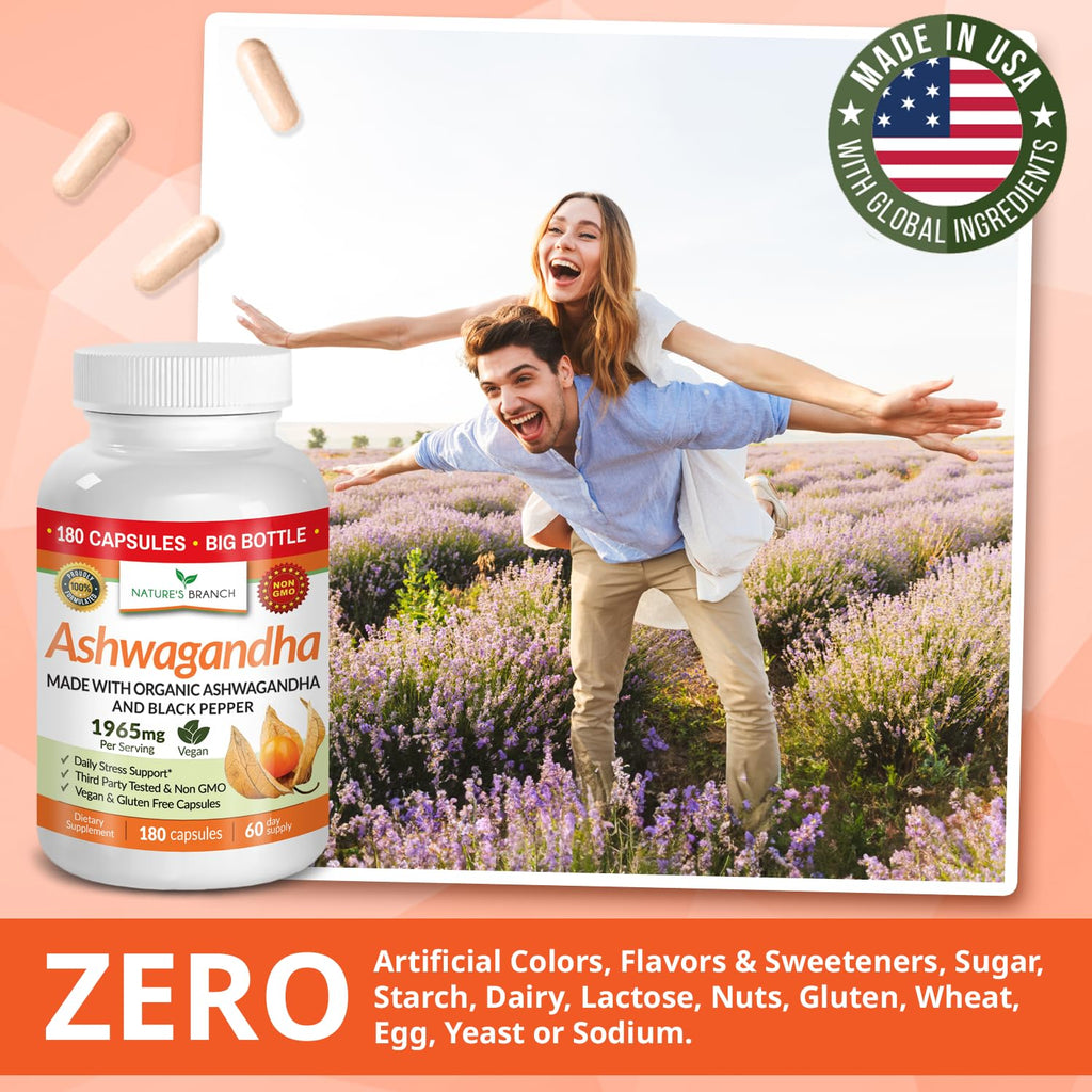 UDAF Certified Organic Ashwagandha with Black Pepper, 1965mg - Extra Strength for Stress, Sleep, Mood, Thyroid, Energy, Hair, Vegan Pure Root Extract Powder Supplement for Men and Women | 180 Capsules NATURE'S BRANCH Au supplements