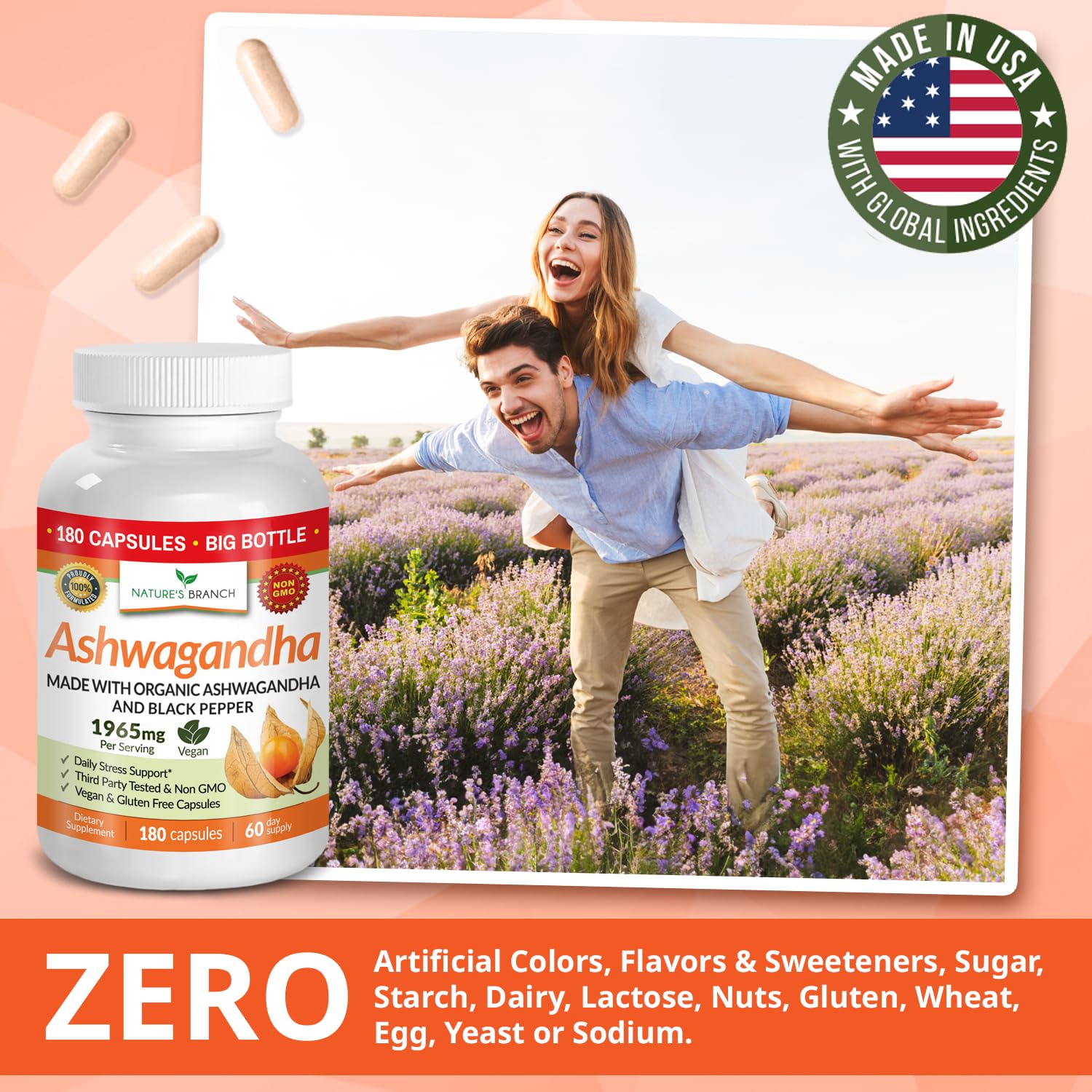 UDAF Certified Organic Ashwagandha with Black Pepper, 1965mg - Extra Strength for Stress, Sleep, Mood, Thyroid, Energy, Hair, Vegan Pure Root Extract Powder Supplement for Men and Women | 180 Capsules NATURE'S BRANCH Au supplements
