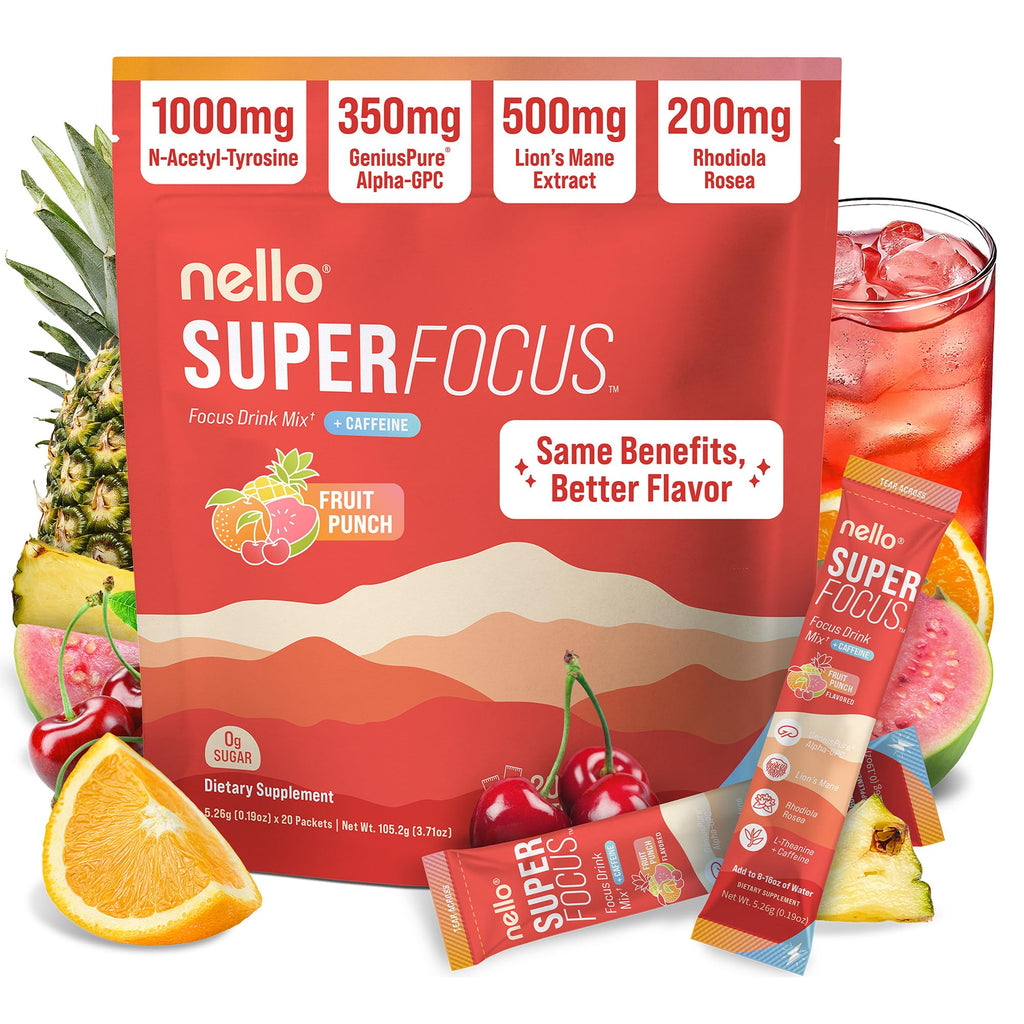 Nello Superfocus – Nootropic Focus Drink Mix for Productivity, Caffeine, L-Theanine, Rhodiola Rosea, Alpha-GPC, Lion’s Mane, Tyrosine, Sugar-Free Packets - With Caffeine (Pack of 20) (20 Servings (Caffeine), Fruit Punch) Nello Au supplements