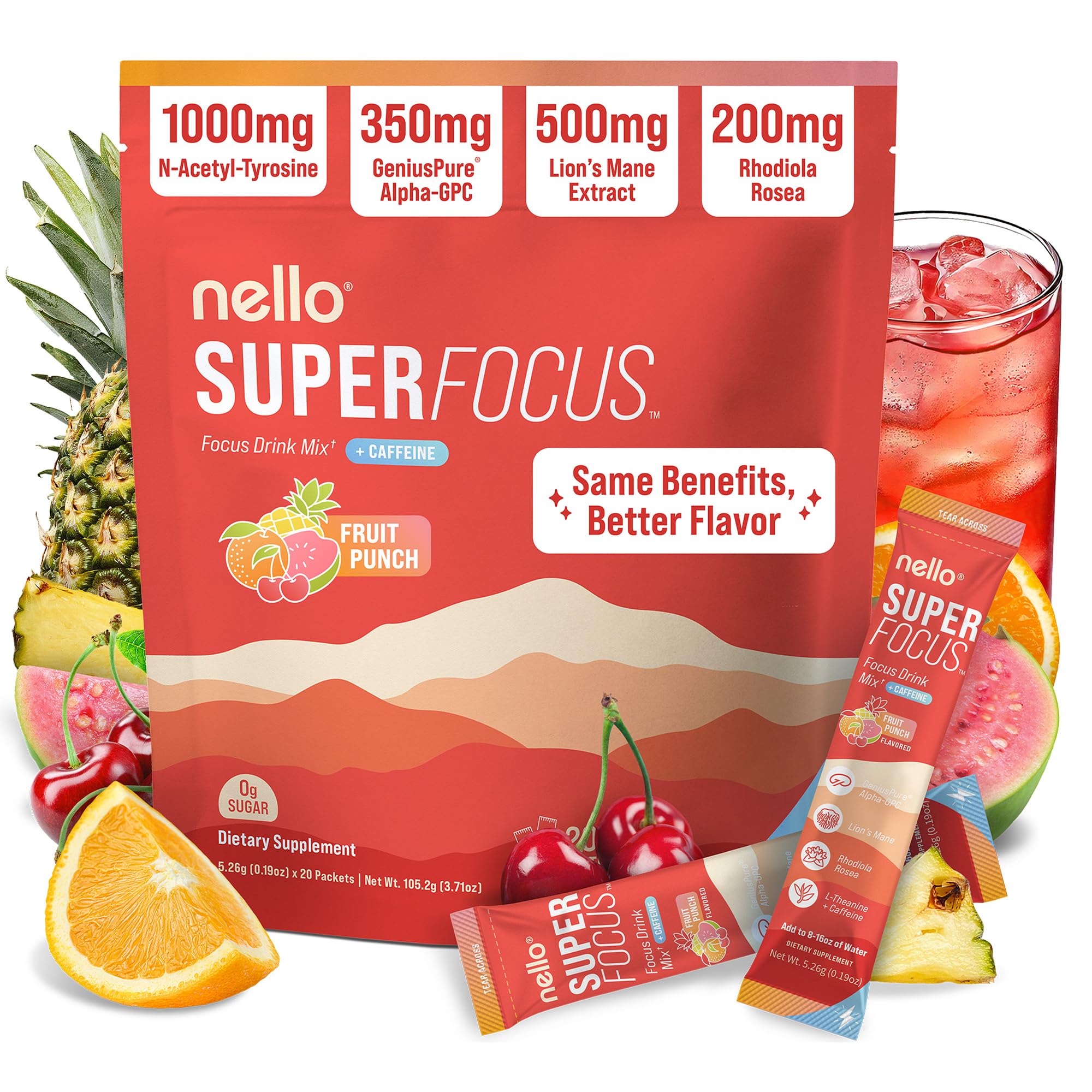 Nello Superfocus – Nootropic Focus Drink Mix for Productivity, Caffeine, L-Theanine, Rhodiola Rosea, Alpha-GPC, Lion’s Mane, Tyrosine, Sugar-Free Packets - With Caffeine (Pack of 20) (20 Servings (Caffeine), Fruit Punch) Nello Au supplements