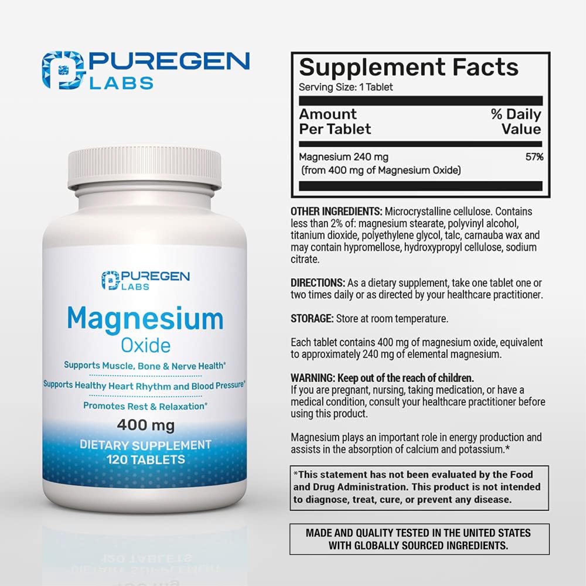Magnesium 400mg [High Potency] Supplement – Magnesium Oxide for Immune Support, Muscle Recovery, Leg Cramps and Relaxation 120 Tablets