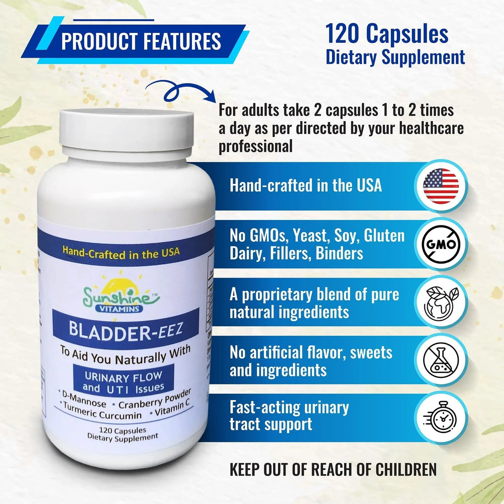Sunshine Vitamins Bladder-EEZ | All-Natural Bladder Infection UTI Relief Support for Women with D-Mannose | Urinary Tract Infection Health with Immune System Support (1 Bottle of 120 Capsules) Sunshine Vitamins Au supplements