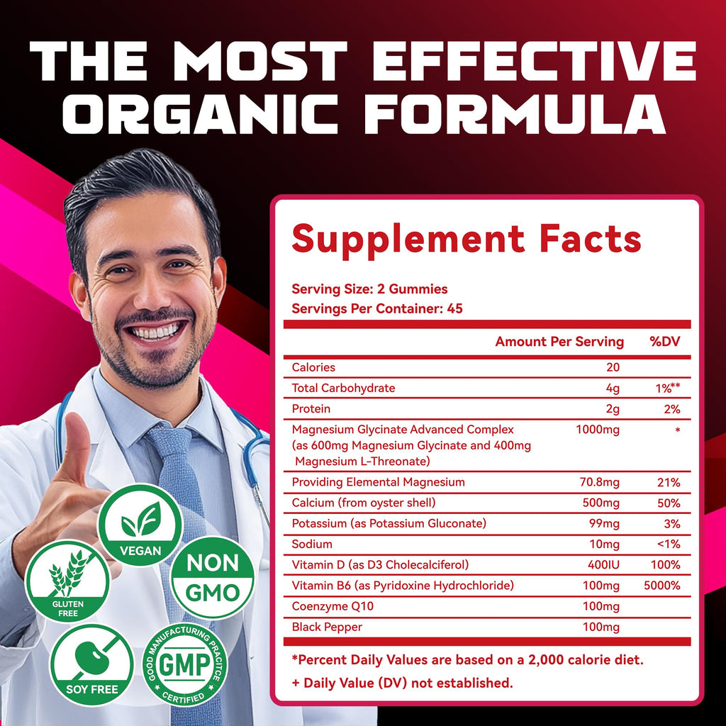 Natures Aid Magnesium Glycinate Gummies 1000mg - Sugar Free Magnesium Potassium Supplement with Vitamin D, B6, CoQ10 for Calm Mood