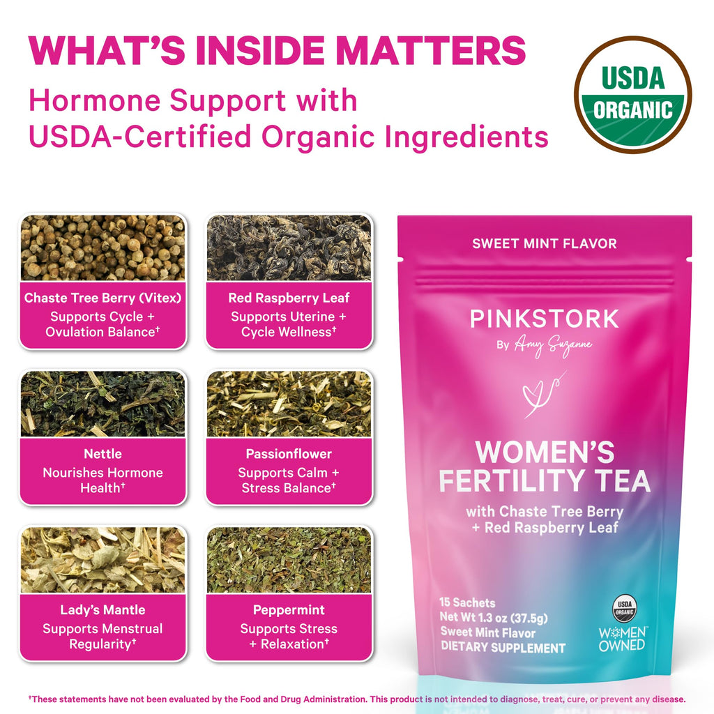 Pink Stork Organic Fertility Tea for Women | Fertility Supplements for Women with Chaste Tree Berry (Vitex) + Red Raspberry Leaf | Hormone Balance Herbal Tea for Conception Support | USDA Organic, Caffeine Free - Sweet Mint, 15 Sachets Pink Stork Au supplements
