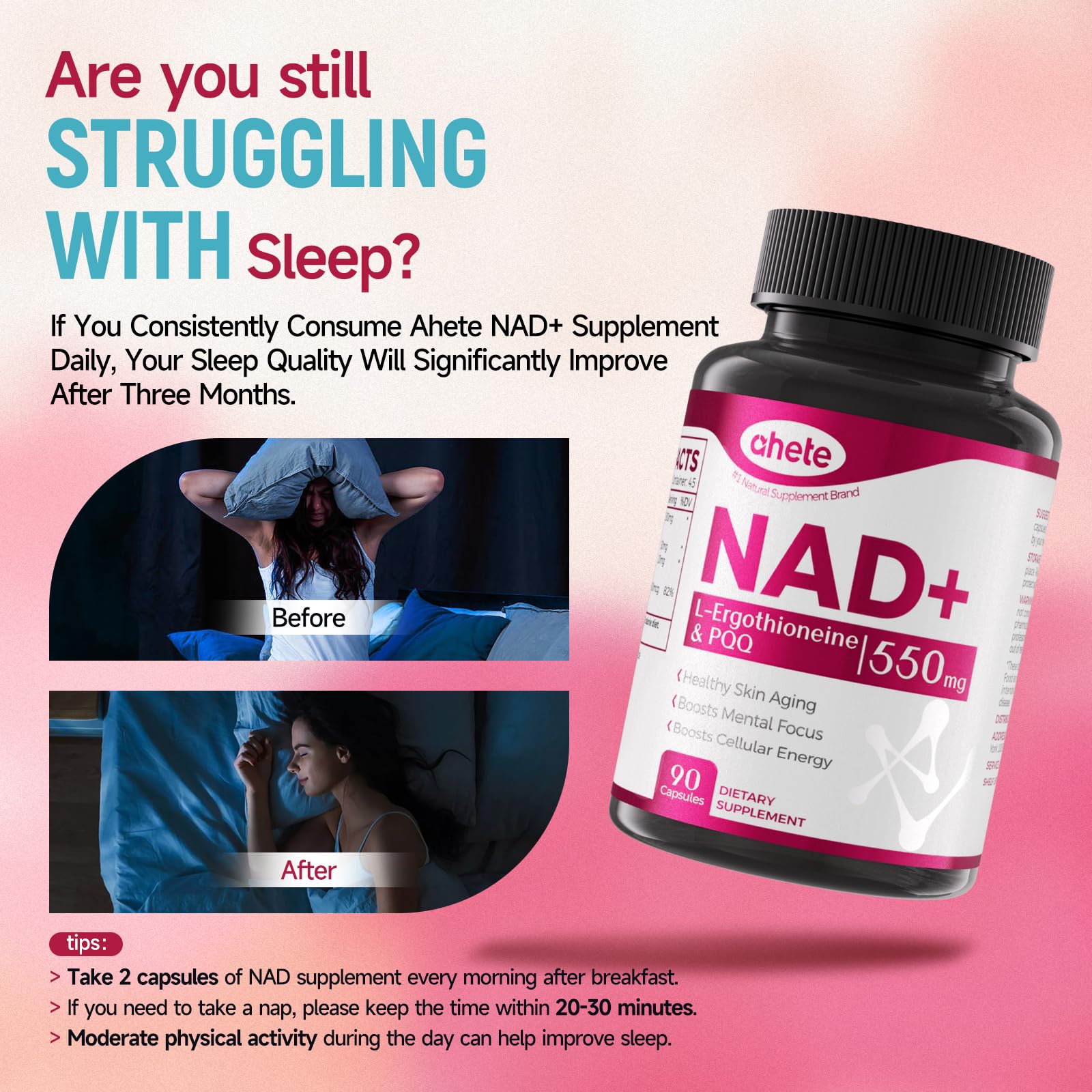 Ahete NAD Supplement with L-Ergothioneine, PQQ, Vitamin B6, and NMNH Supplement - for Cellular Health, Energy Support and Healthy Aging for Women & Men - Vegetarian, Non-GMO, Gluten Free- 90 Capsules Ahete Au supplements